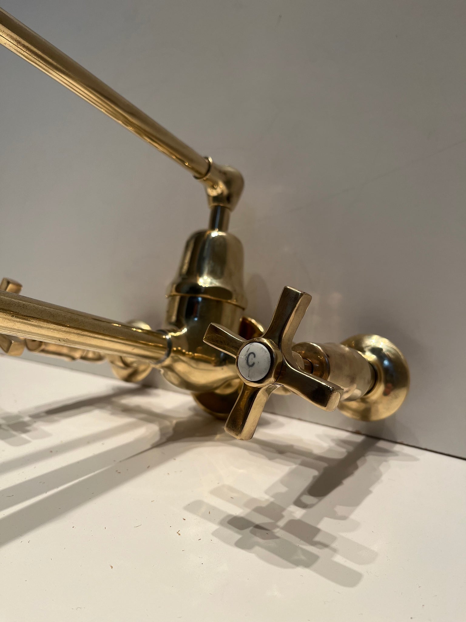 Vintage French Wall-Fixing Kitchen Mixer Tap C.1920 in Unsealed Polished Brass Finish