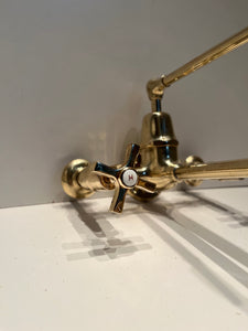 Vintage French Wall-Fixing Kitchen Mixer Tap C.1920 in Unsealed Polished Brass Finish