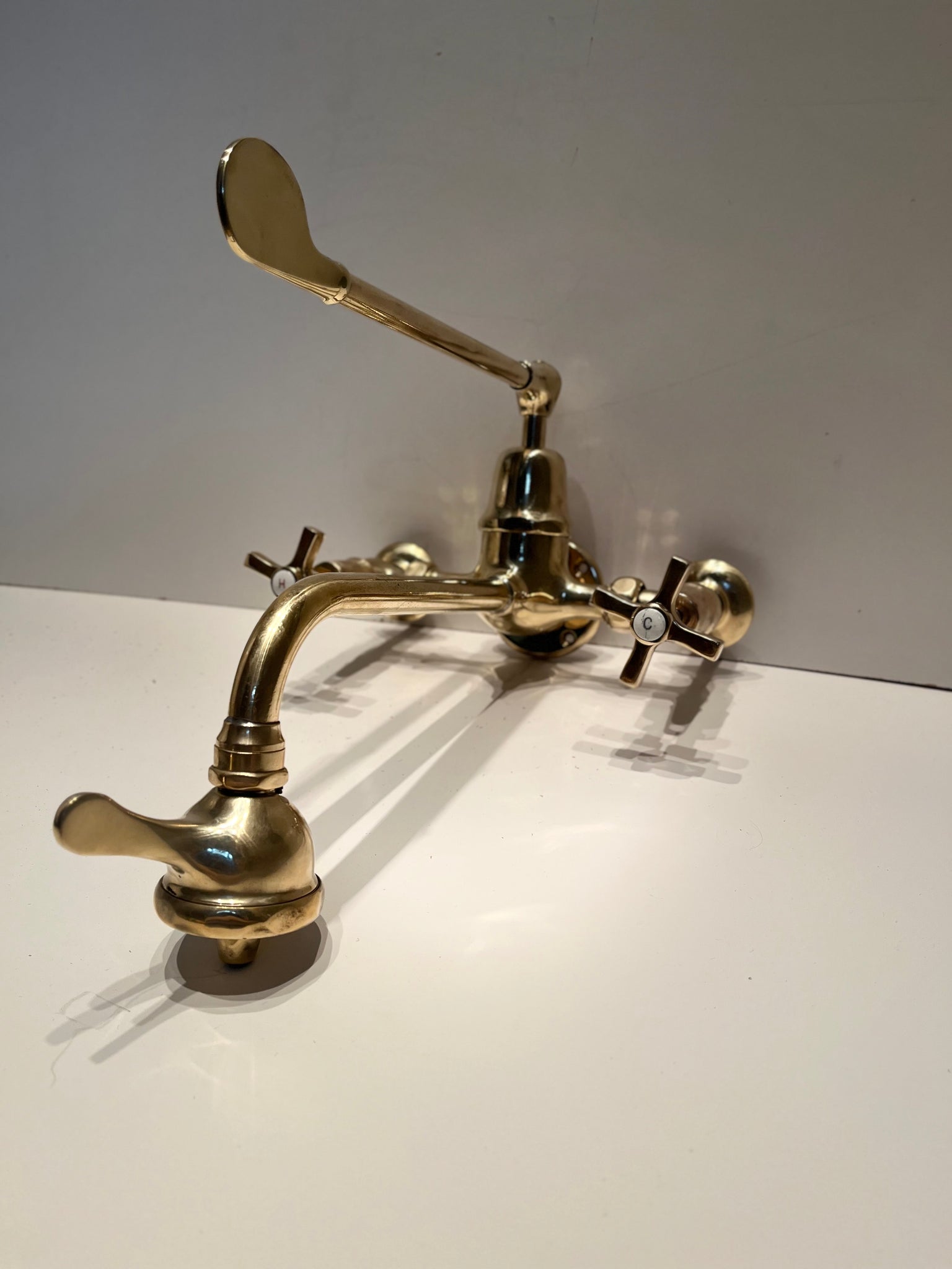 Vintage French Wall-Fixing Kitchen Mixer Tap C.1920 in Unsealed Polished Brass Finish