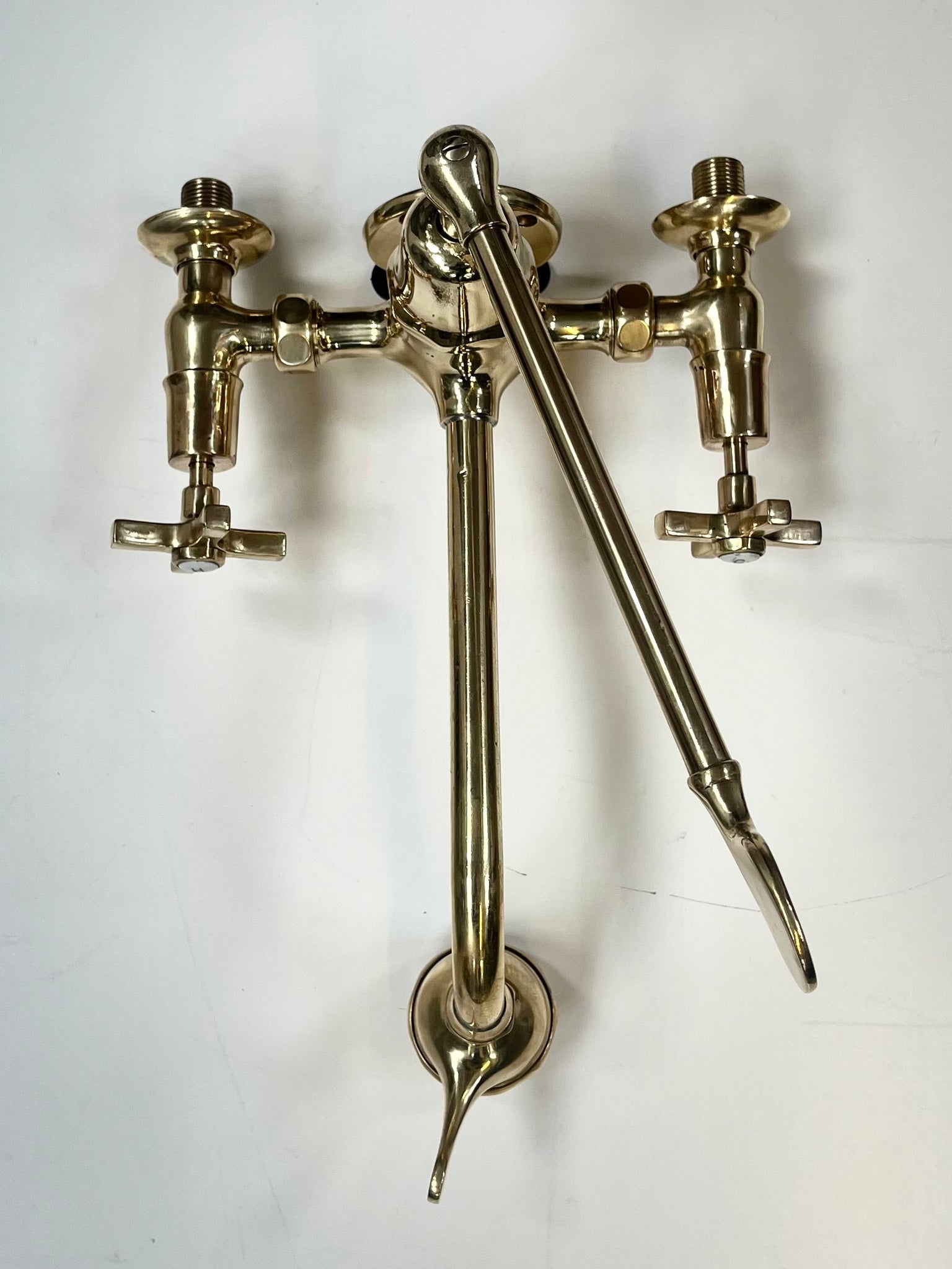 Vintage French Wall-Fixing Kitchen Mixer Tap C.1920 in Unsealed Polished Brass Finish