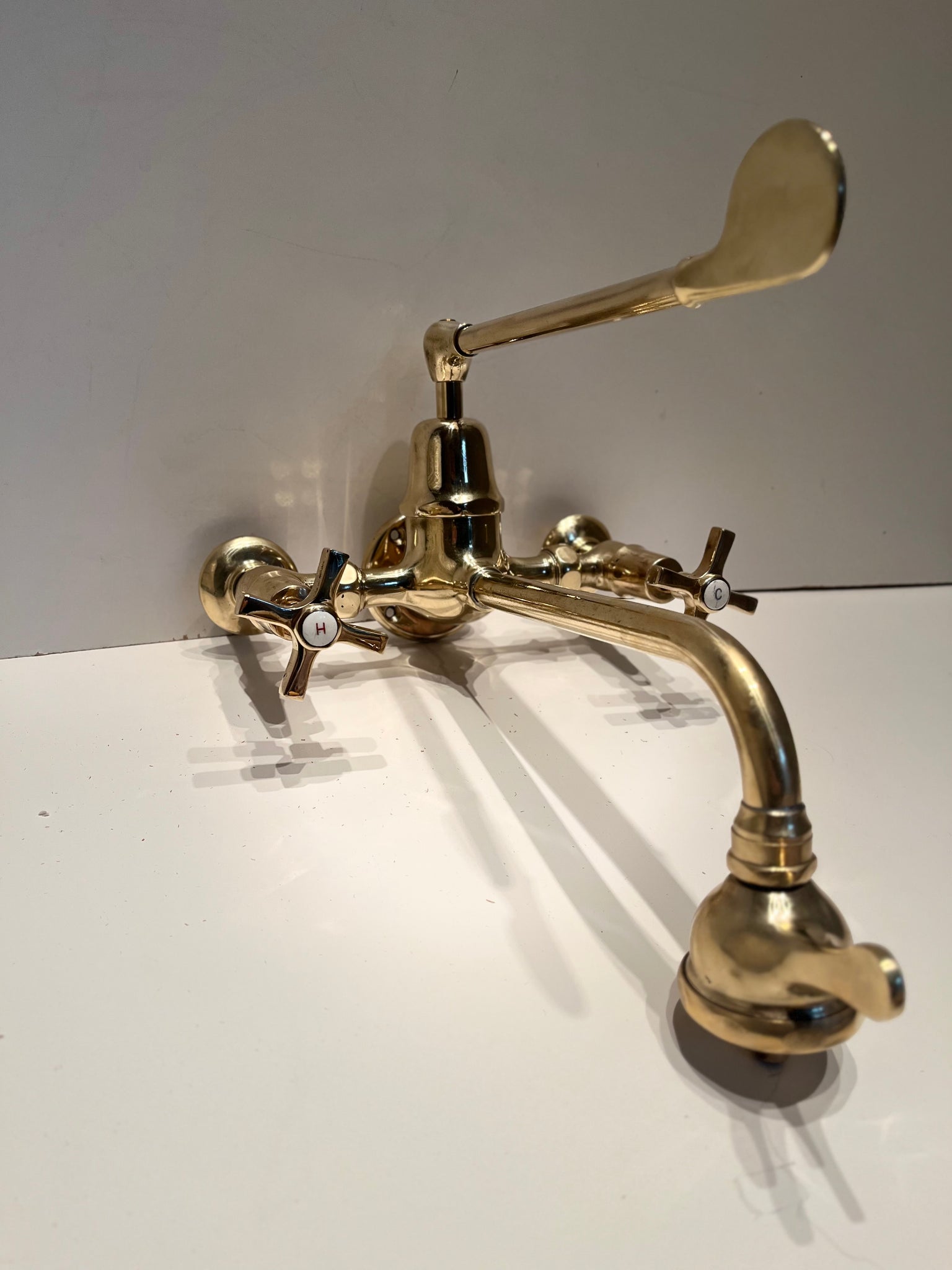 Vintage French Wall-Fixing Kitchen Mixer Tap C.1920 in Unsealed Polished Brass Finish