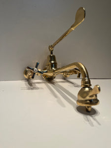 Vintage French Wall-Fixing Kitchen Mixer Tap C.1920 in Unsealed Polished Brass Finish