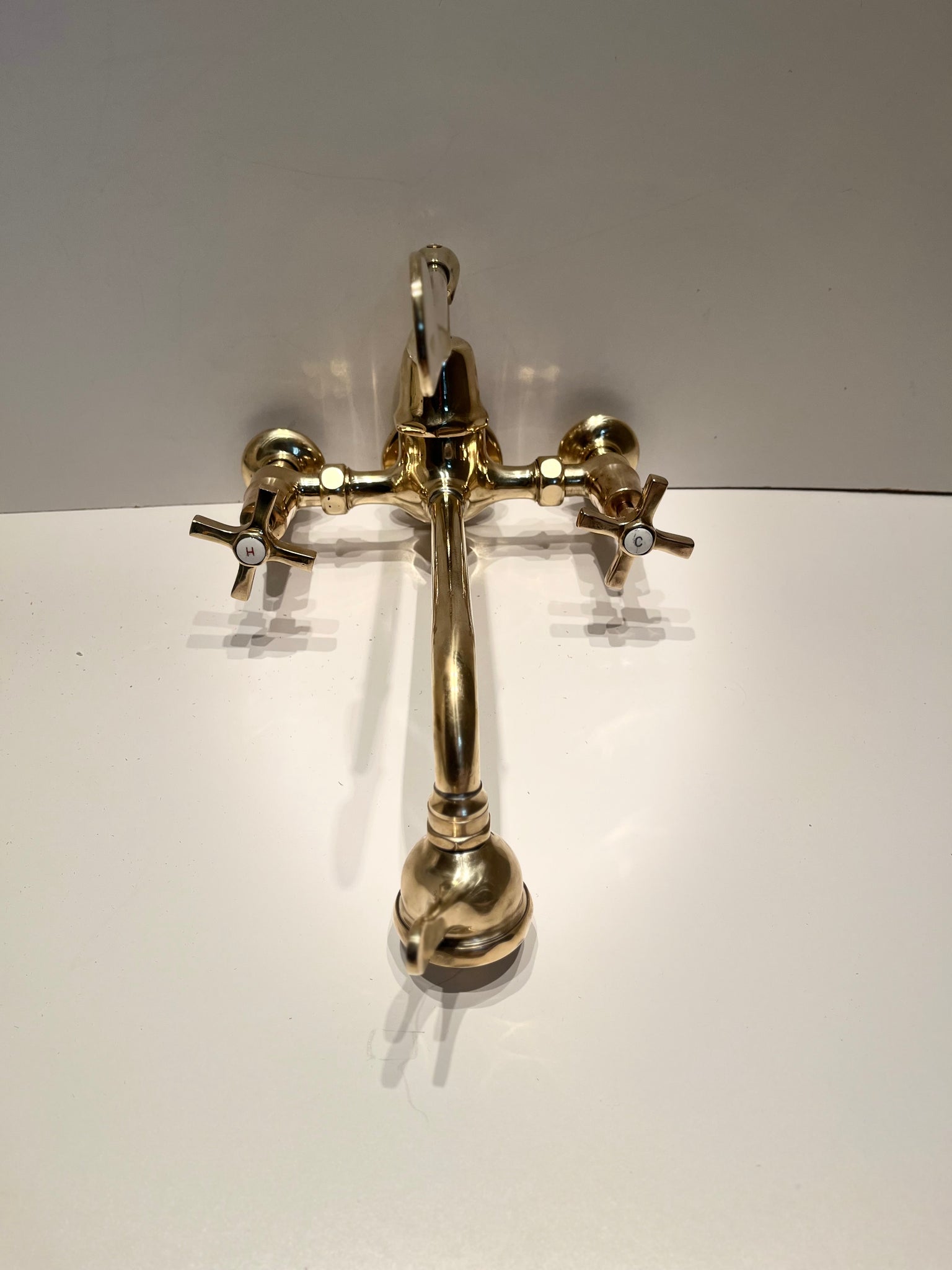 Vintage French Wall-Fixing Kitchen Mixer Tap C.1920 in Unsealed Polished Brass Finish