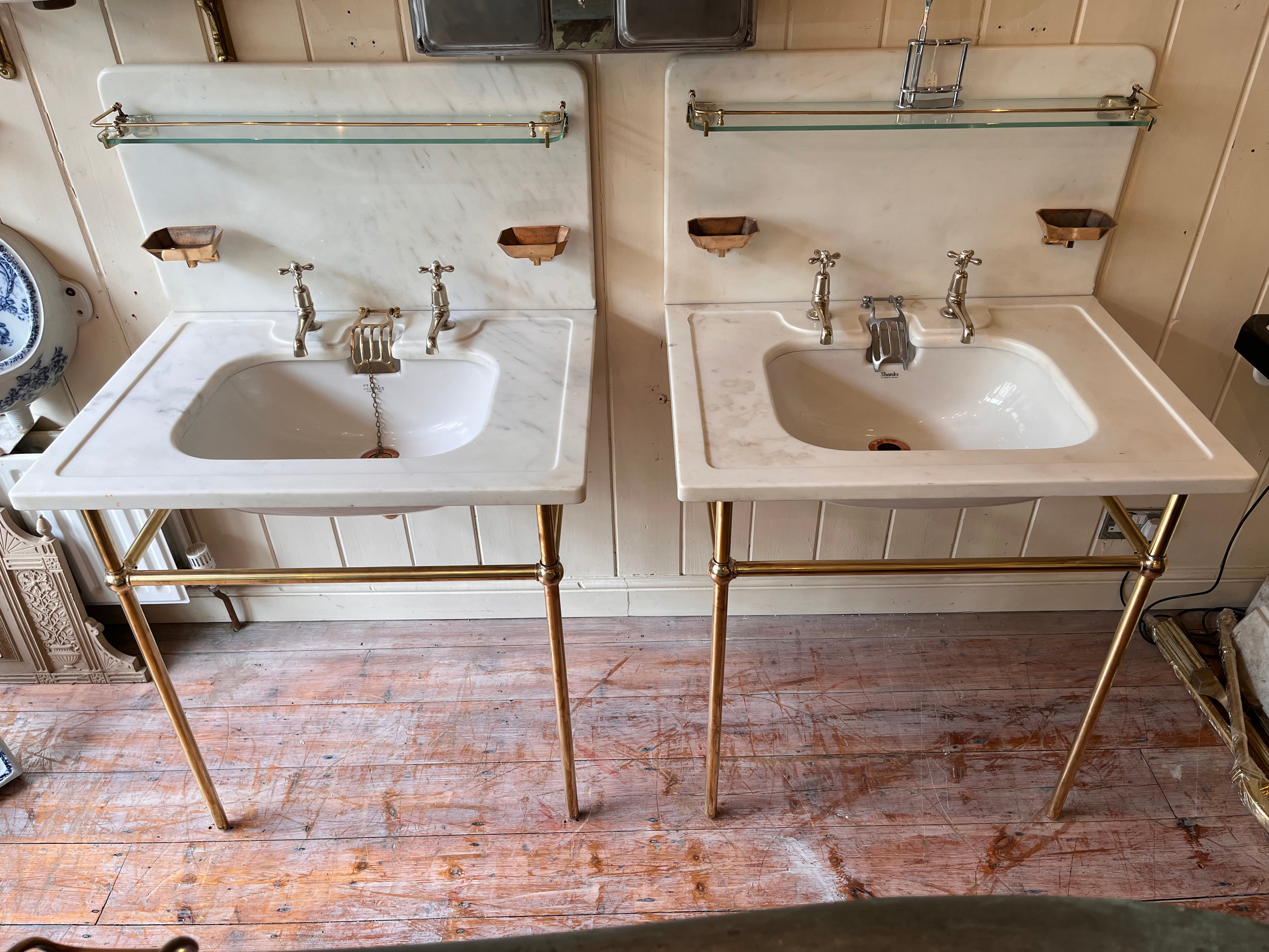 A Pair of White Carrara Marble Basins on New Brass Stands by Shanks & Co C.1920.