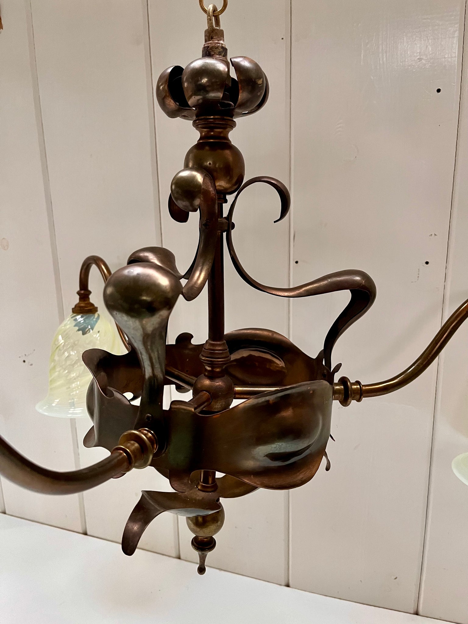 Art Nouveau (Arts and Crafts) 3 Arm Electrolier in Dark Bronze Finish on Copper and Brass C.1900