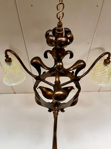 Art Nouveau (Arts and Crafts) 3 Arm Electrolier in Dark Bronze Finish on Copper and Brass C.1900