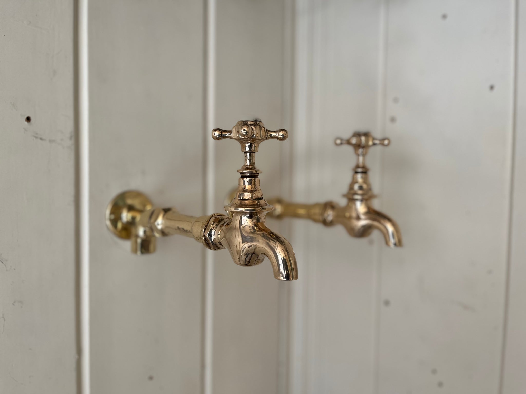 Pair of Victorian Bib Taps on Original Vintage Extensions/Wall Mounts C.1890