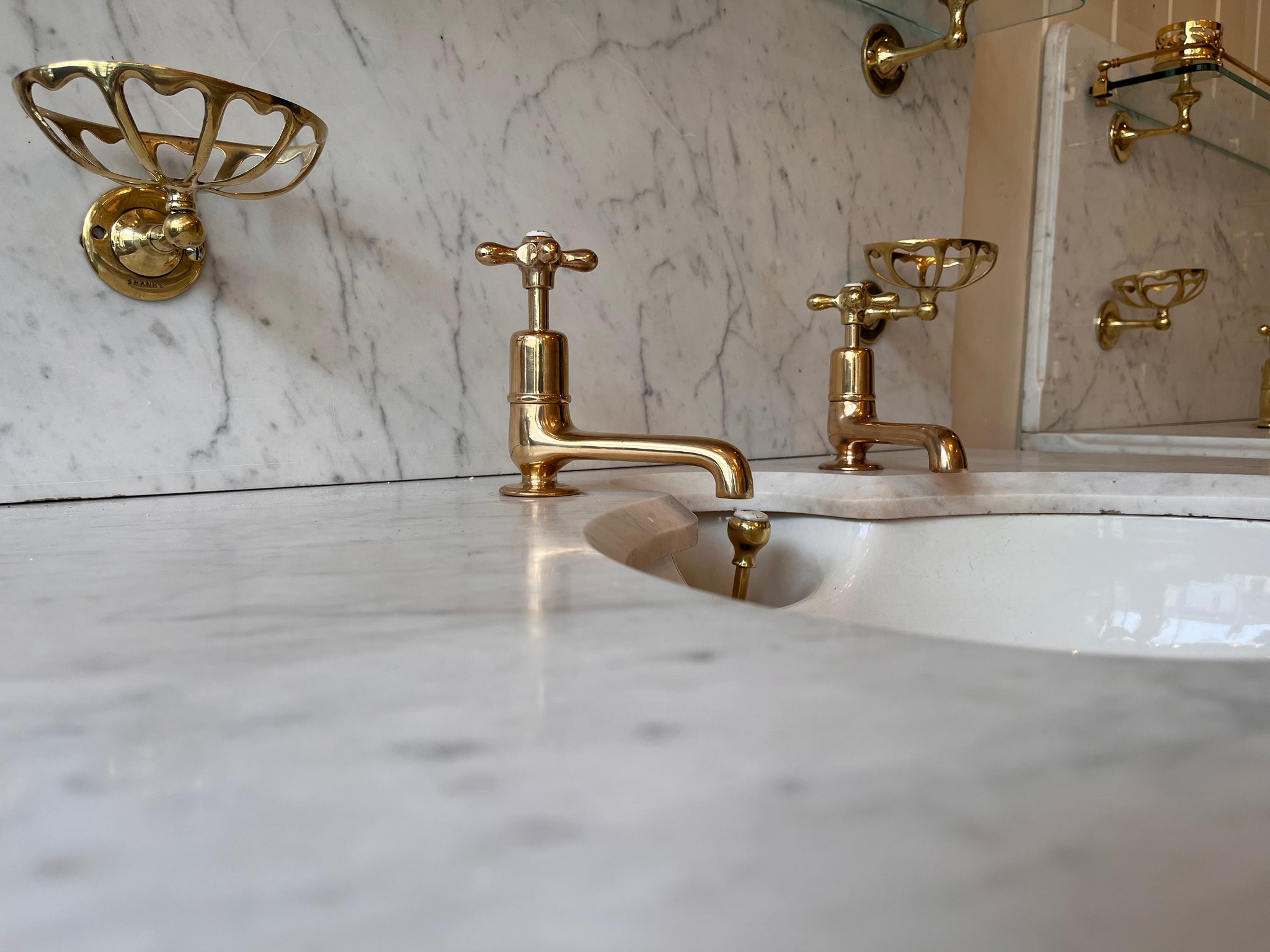 Pair of Antique Marble Basins on Brass Stands by Shanks & Co LTD C.1930