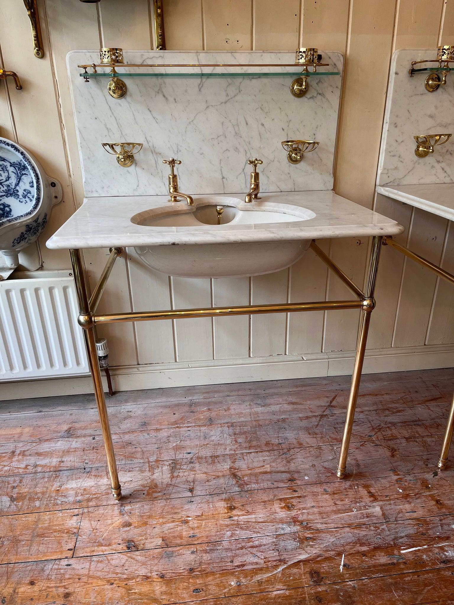 Pair of Antique Marble Basins on Brass Stands by Shanks & Co LTD C.1930