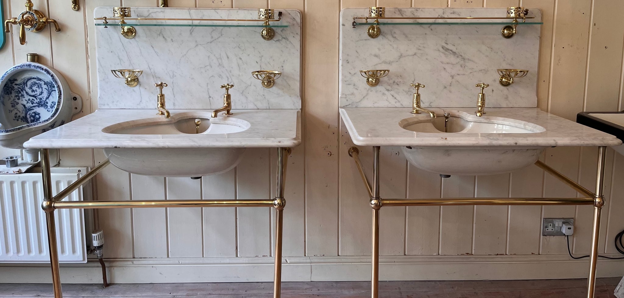 Pair of Antique Marble Basins on Brass Stands by Shanks & Co LTD C.1930