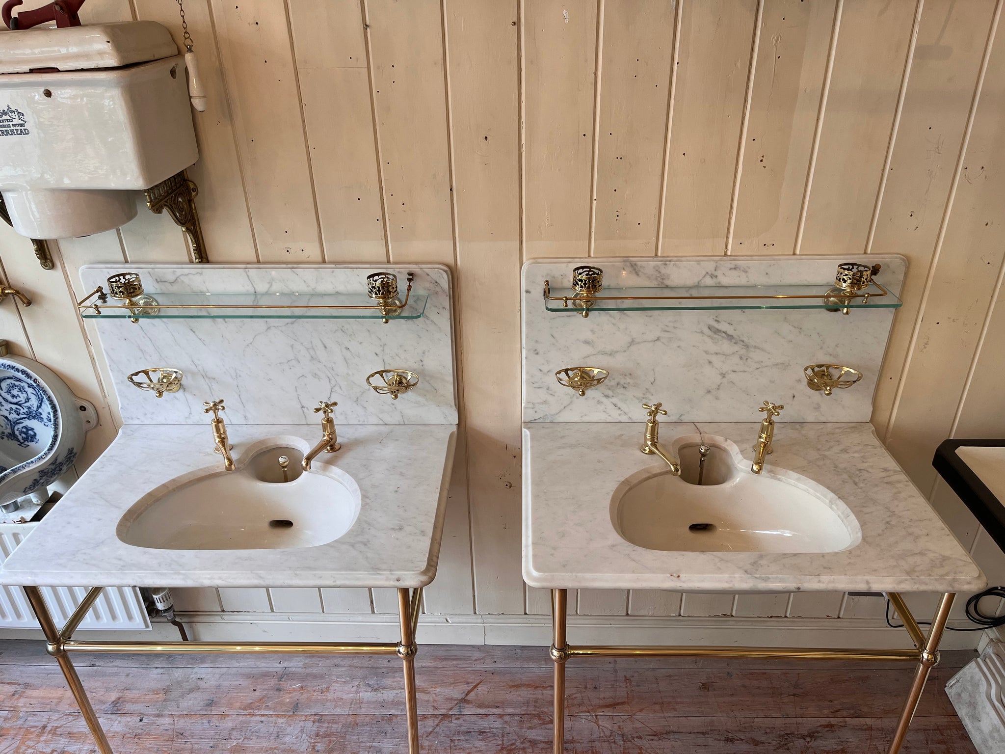 Pair of Antique Marble Basins on Brass Stands by Shanks & Co LTD C.1930