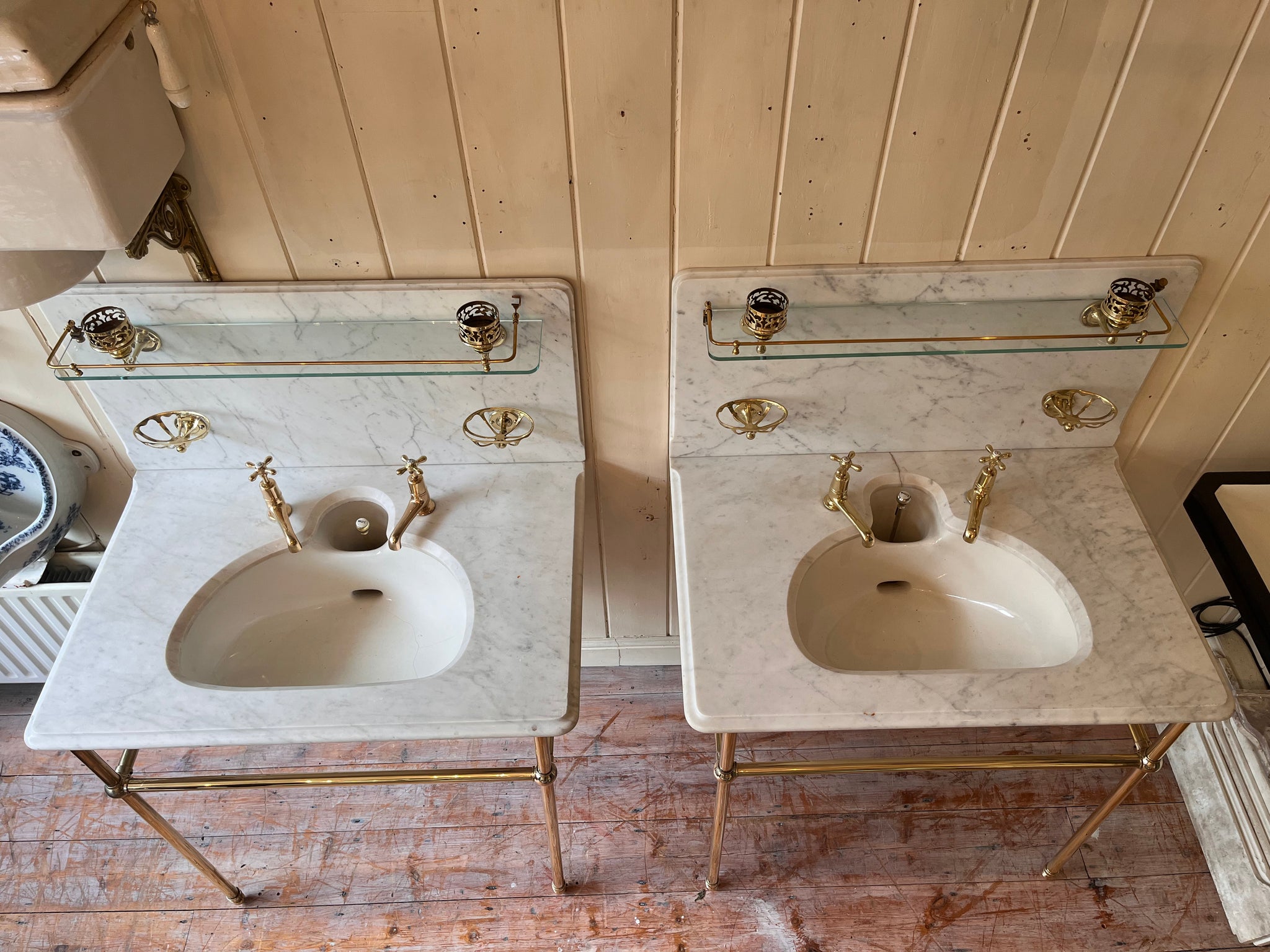 Pair of Antique Marble Basins on Brass Stands by Shanks & Co LTD C.1930