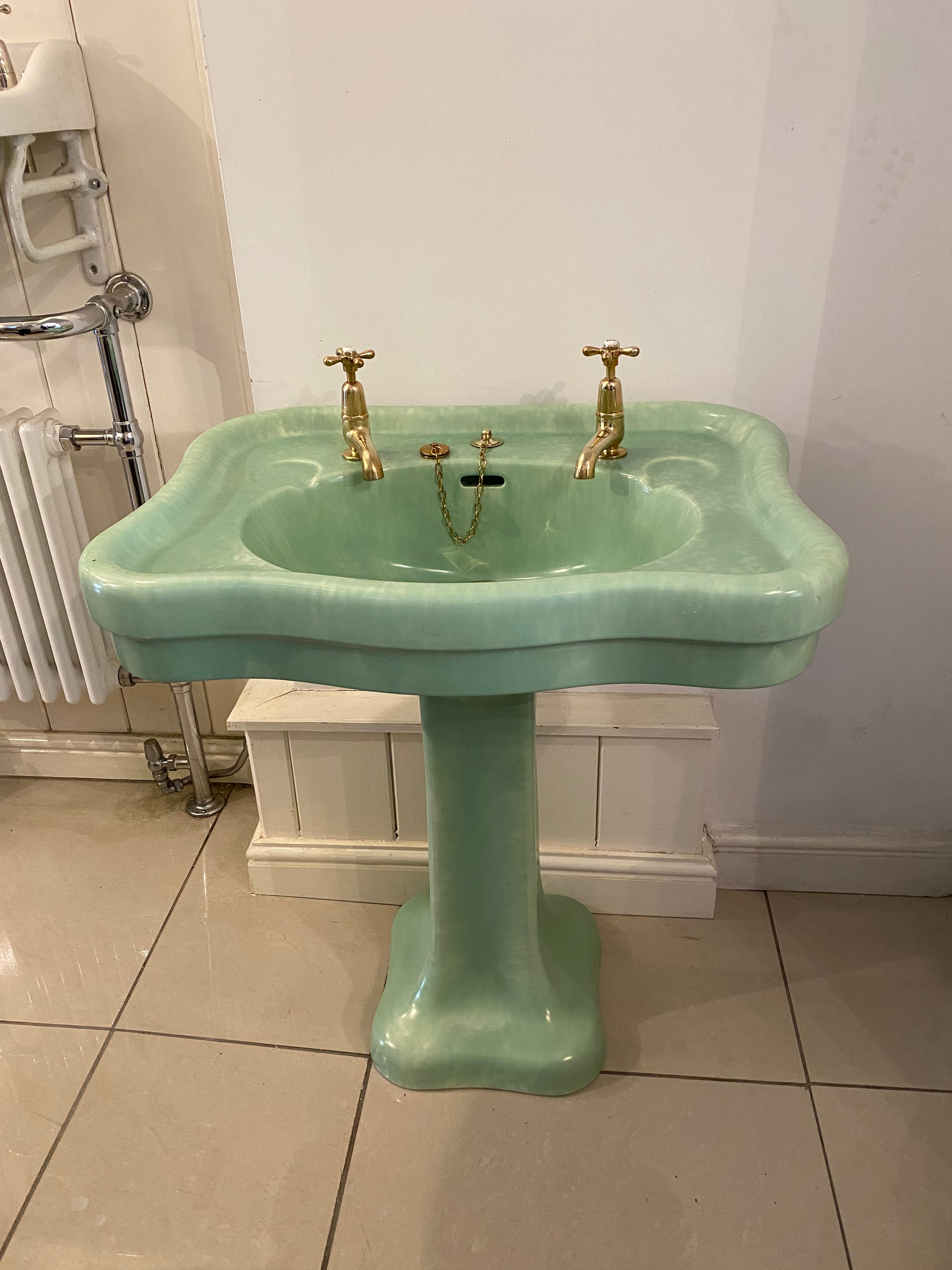 Vintage Pea Green Marbled-Glaze Art Deco Basin and Pedestal C.1920