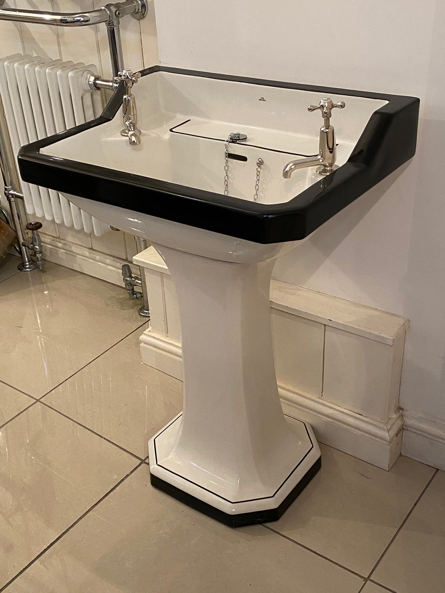 Vintage Art Deco Black and White "METRO" Basin and Pedestal C.1930