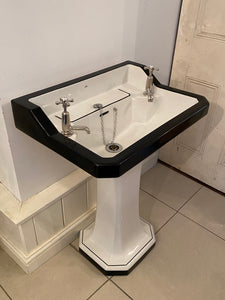 Vintage Art Deco Black and White "METRO" Basin and Pedestal C.1930