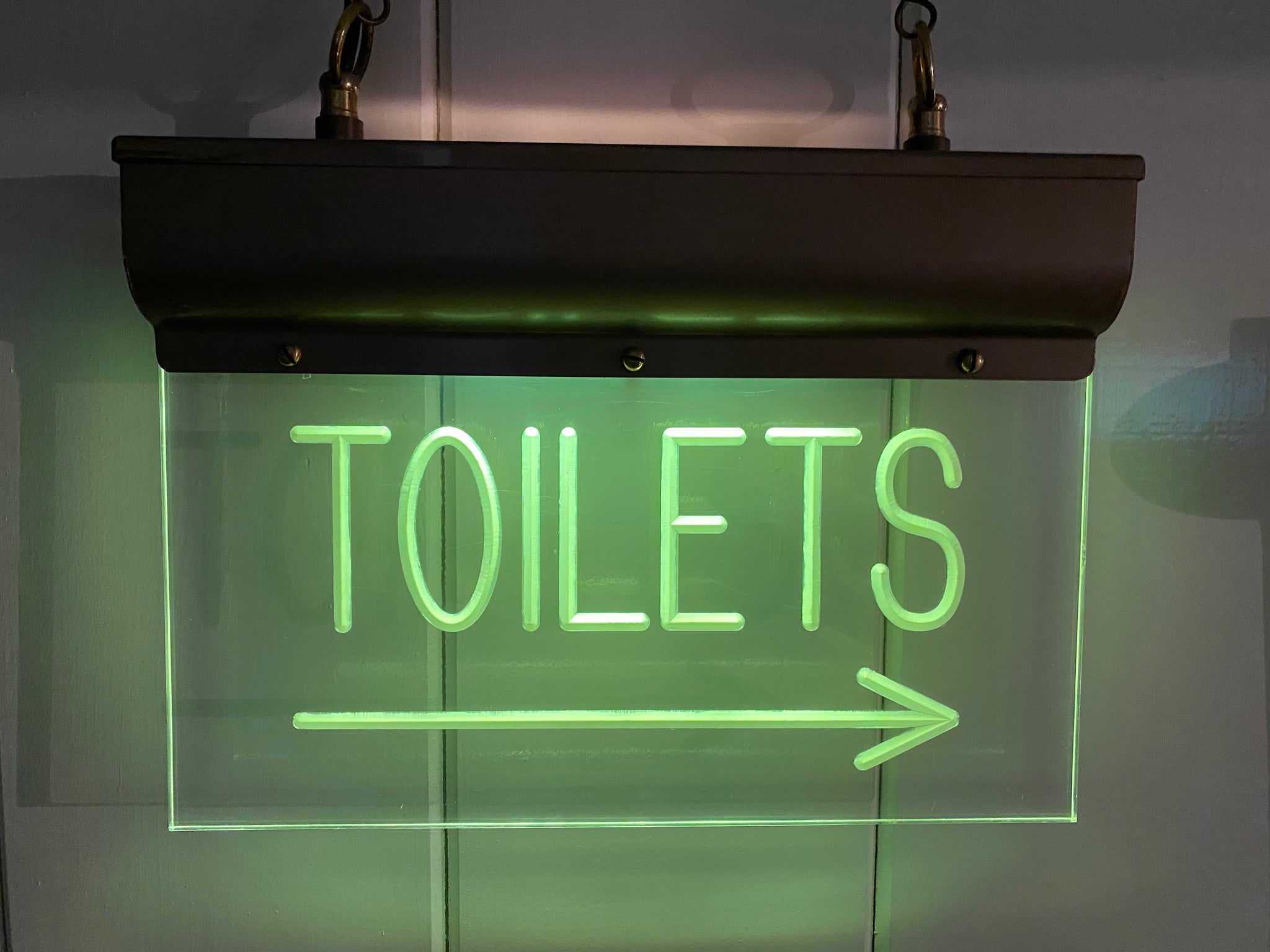 Ceiling-Hanging Perspex Illuminated "TOILETS" Sign C.1930