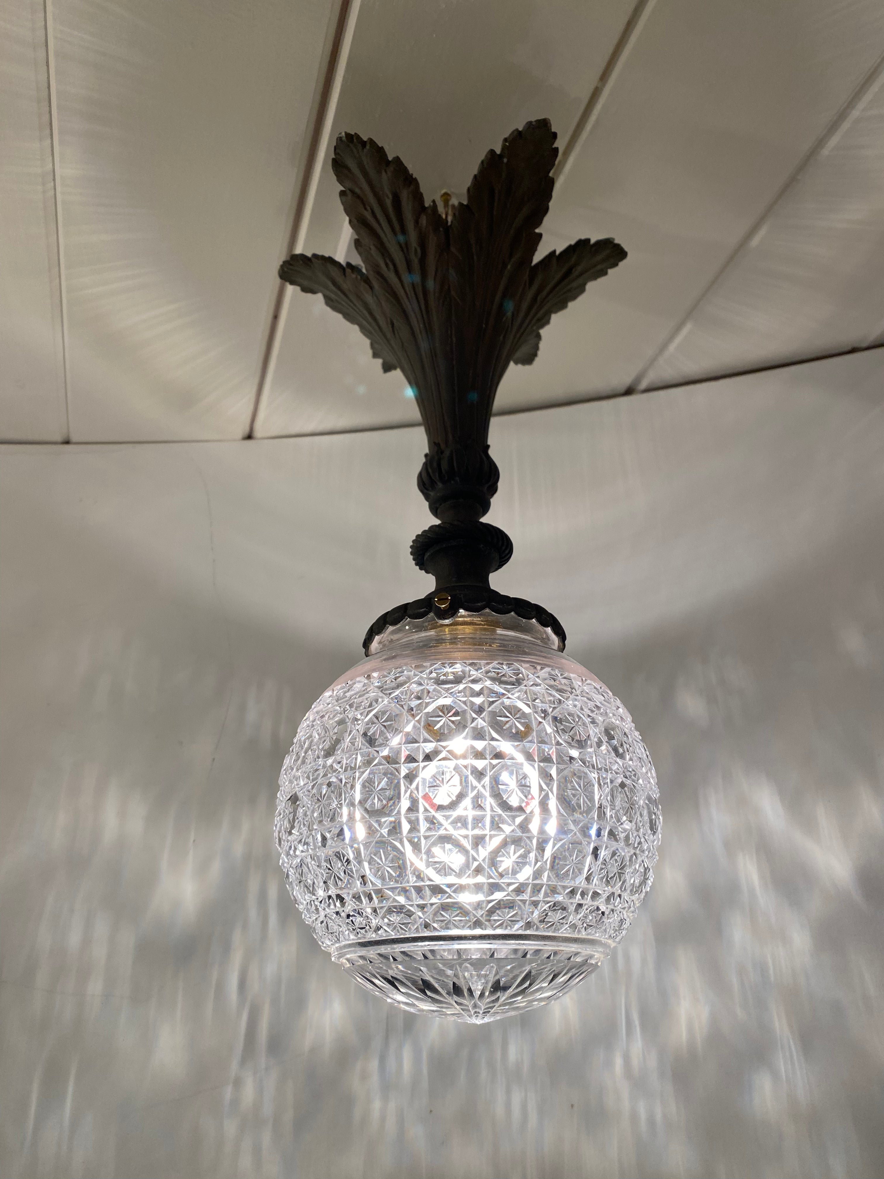 Cut Crystal Pendant Lamp on Brass Pineapple Leaf Electrical Fitting C.1920