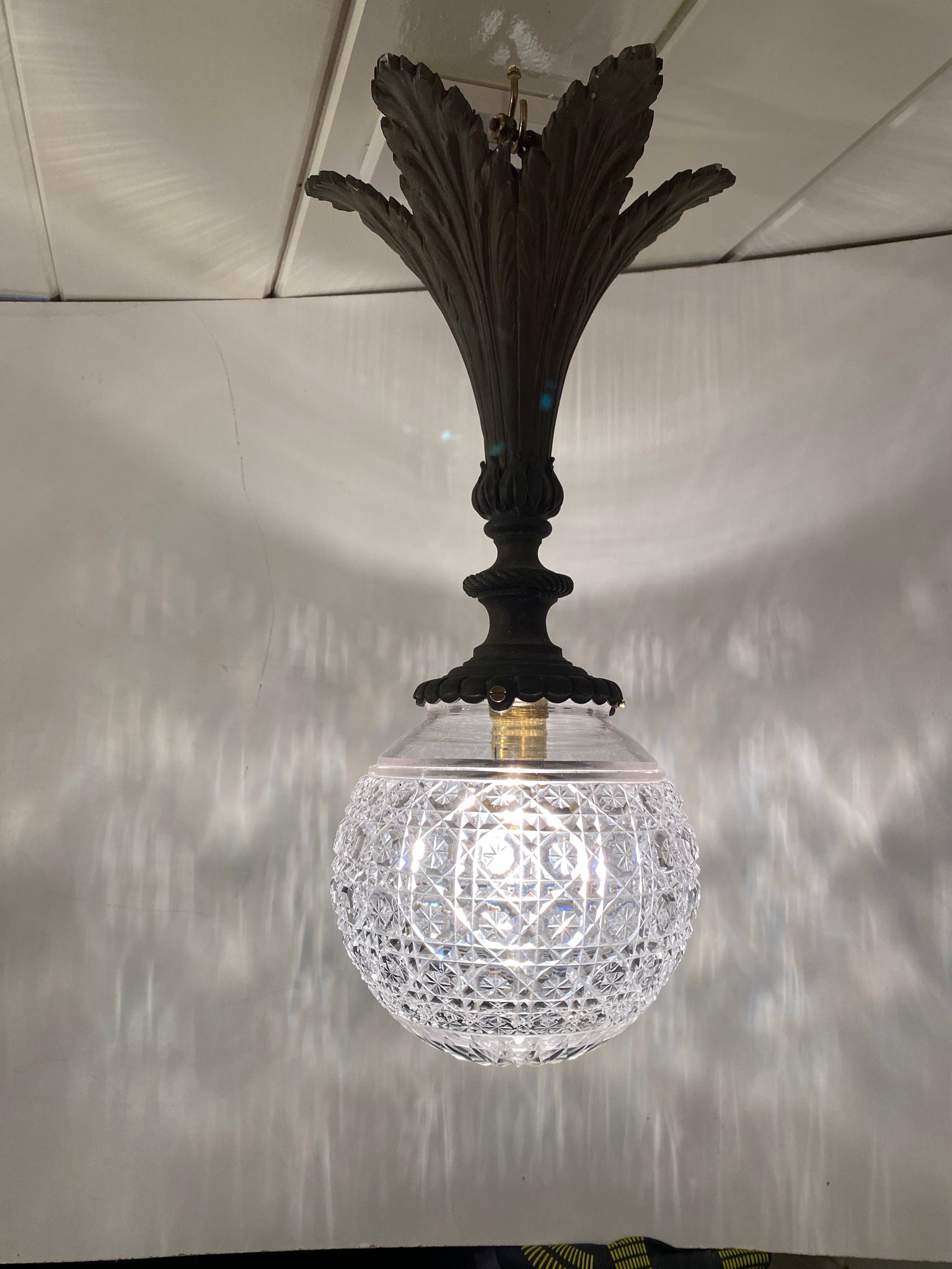 Cut Crystal Pendant Lamp on Brass Pineapple Leaf Electrical Fitting C.1920