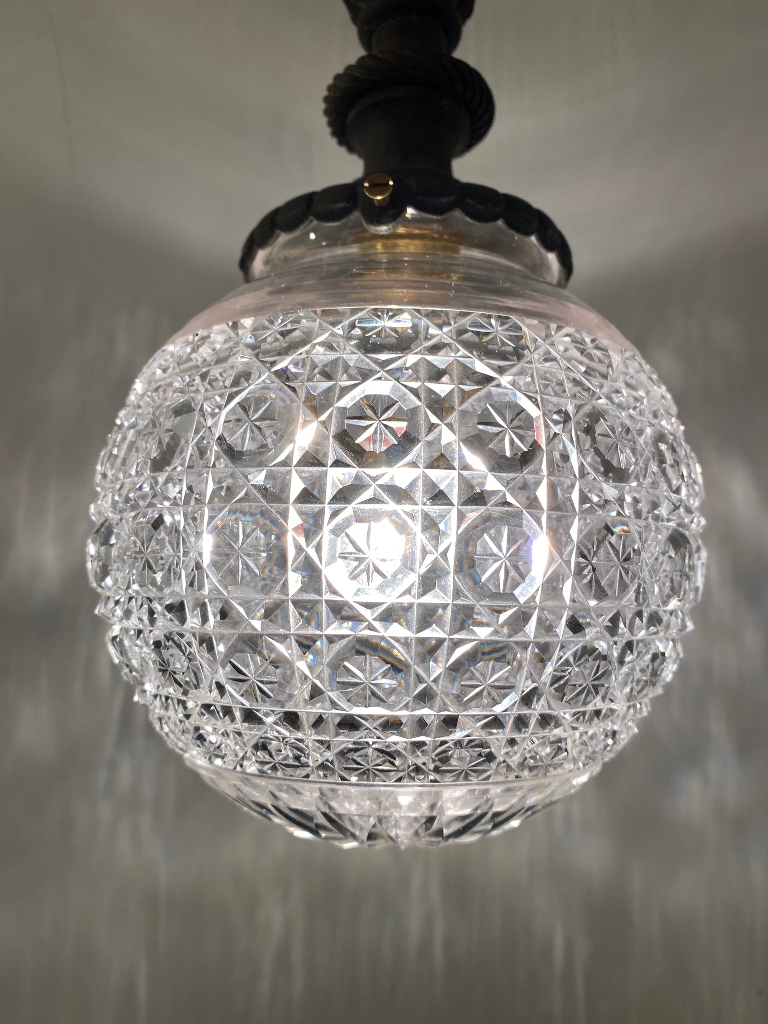 Cut Crystal Pendant Lamp on Brass Pineapple Leaf Electrical Fitting C.1920