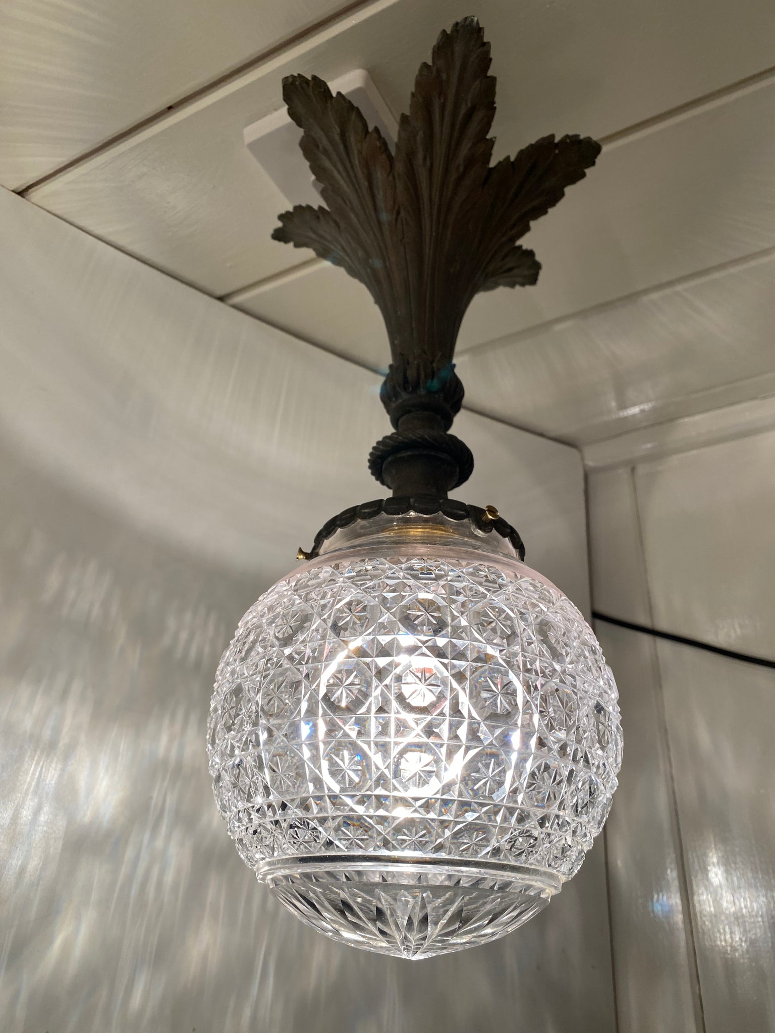 Cut Crystal Pendant Lamp on Brass Pineapple Leaf Electrical Fitting C.1920