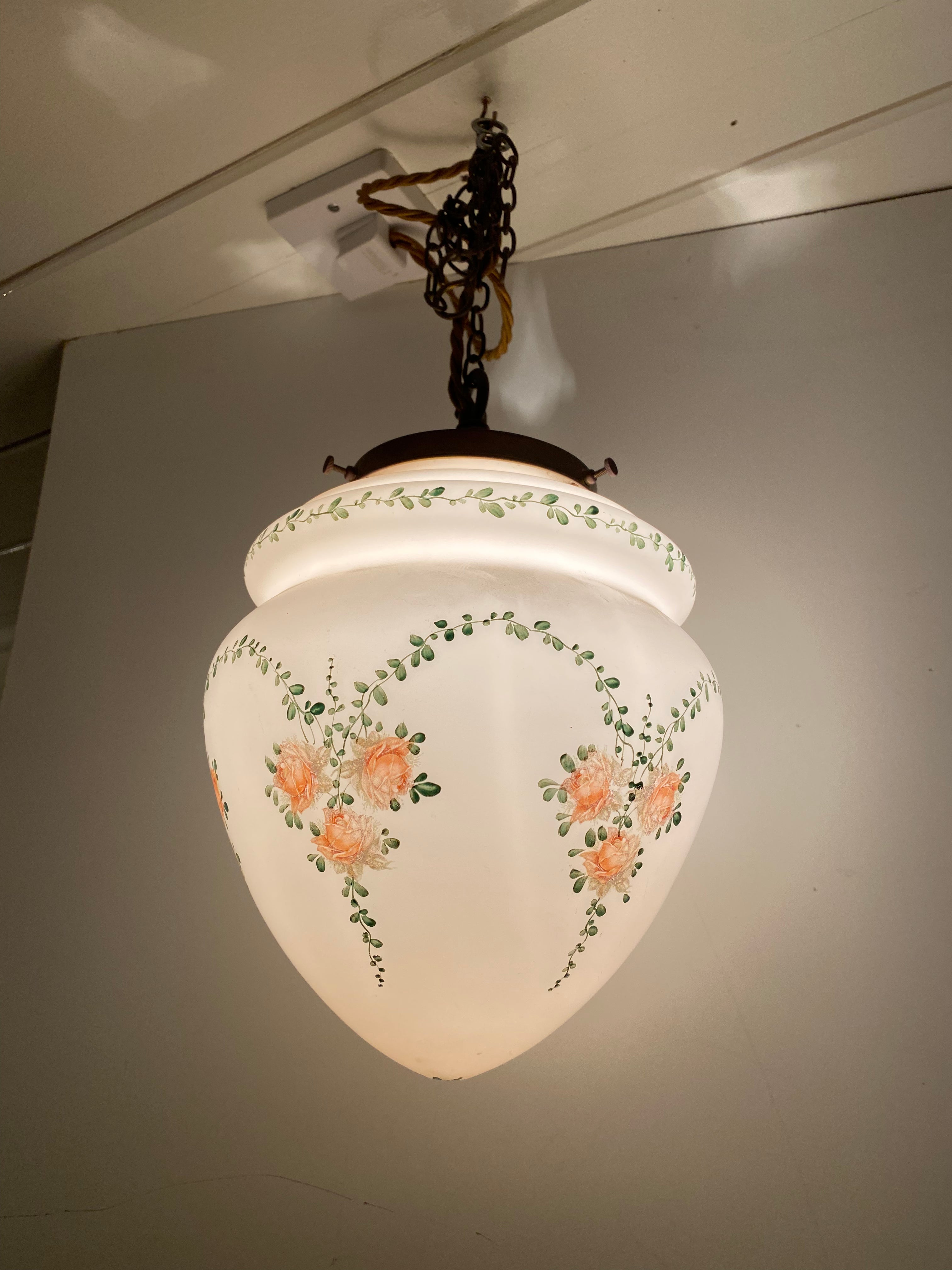 Bathroom Safe Ceiling Hanging Glass Lampshade with Rose Transfers C.1930