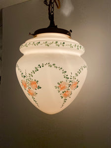 Bathroom Safe Ceiling Hanging Glass Lampshade with Rose Transfers C.1930