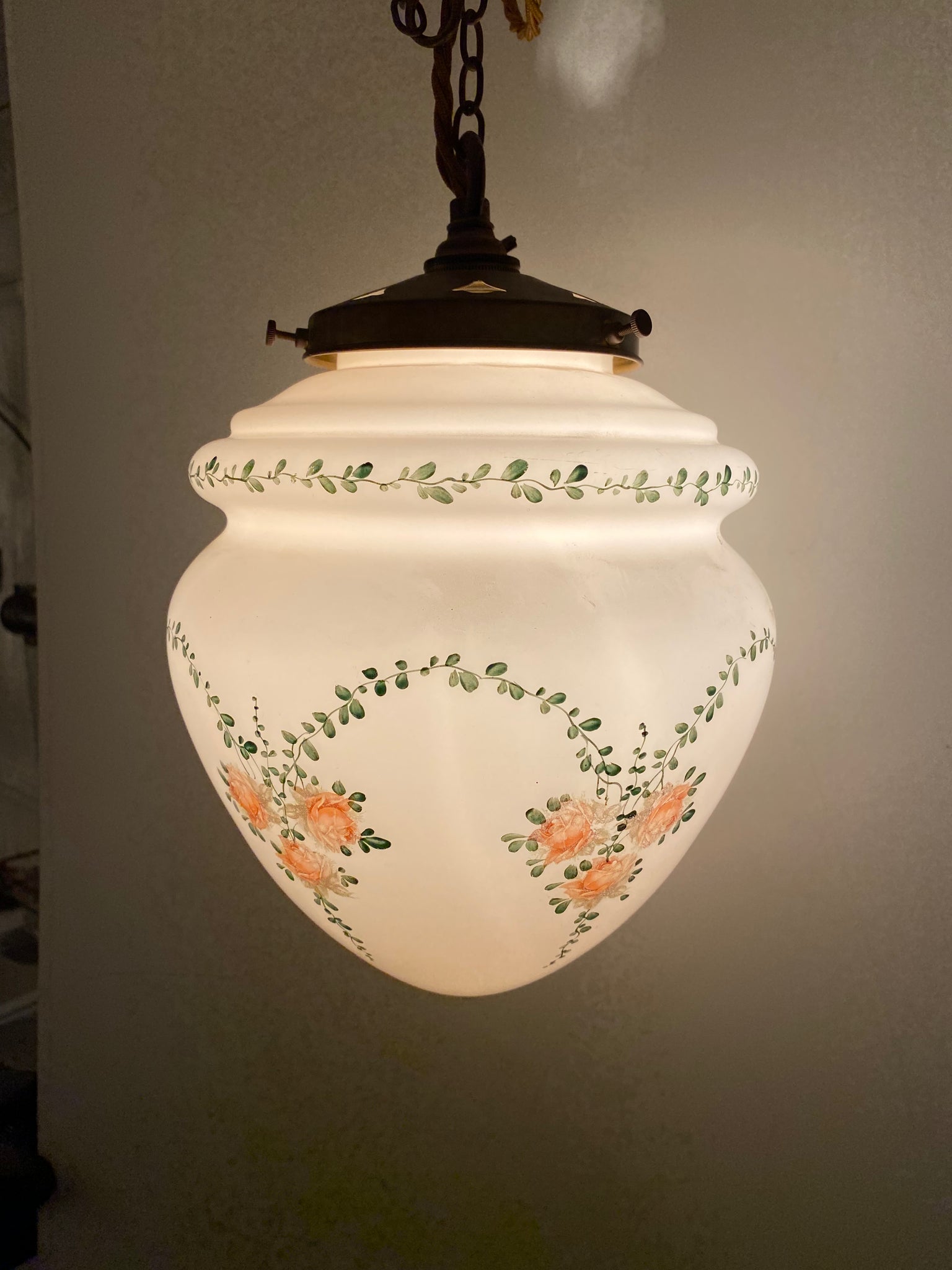 Bathroom Safe Ceiling Hanging Glass Lampshade with Rose Transfers C.1930