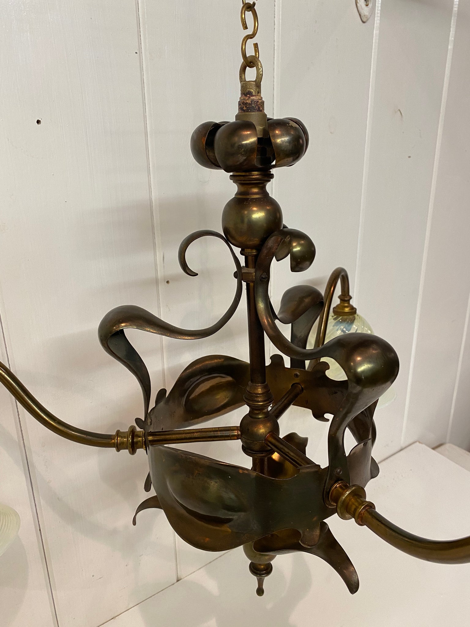 Art Nouveau (Arts and Crafts) 3 Arm Electrolier in Dark Bronze Finish on Copper and Brass C.1900