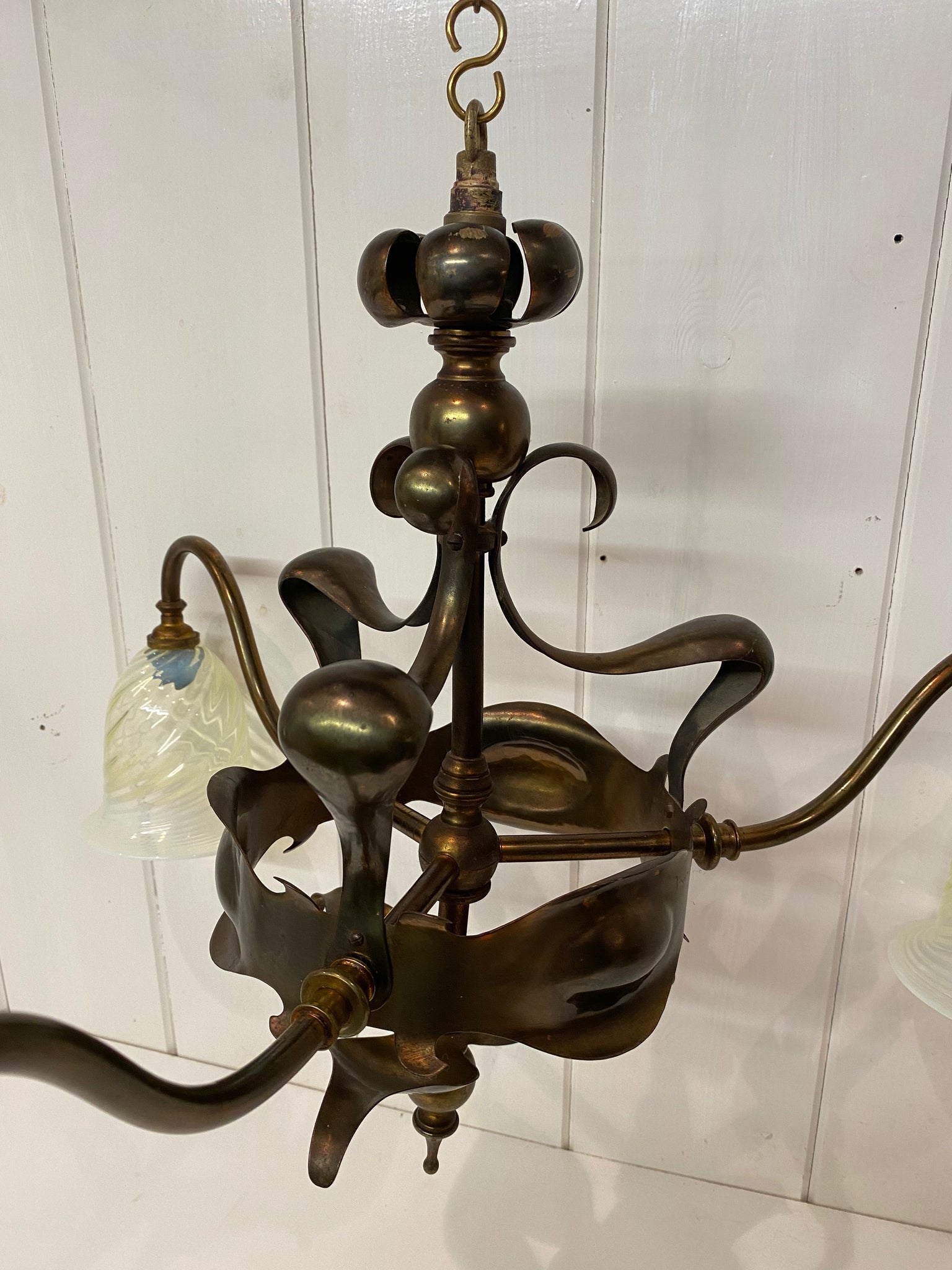 Art Nouveau (Arts and Crafts) 3 Arm Electrolier in Dark Bronze Finish on Copper and Brass C.1900