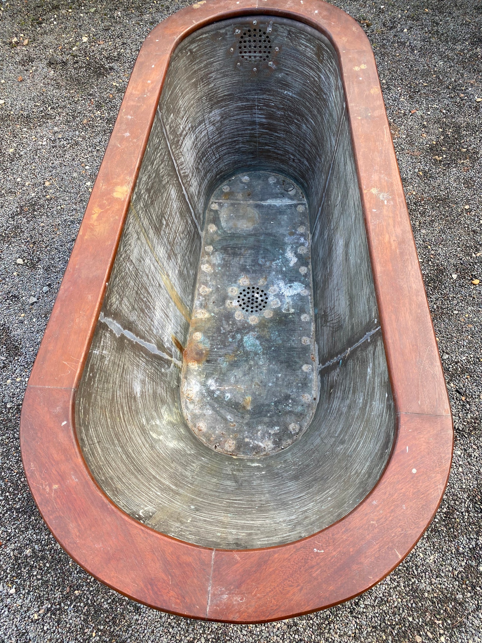 SALTBURN style Victorian Mahogany Roll Edge Copper Bath C19th