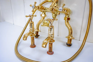 edwardian bath and basin matching tap set in un-lacquered polished brass c.1920