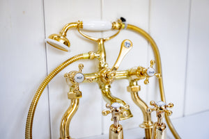 edwardian bath and basin matching tap set in un-lacquered polished brass c.1920