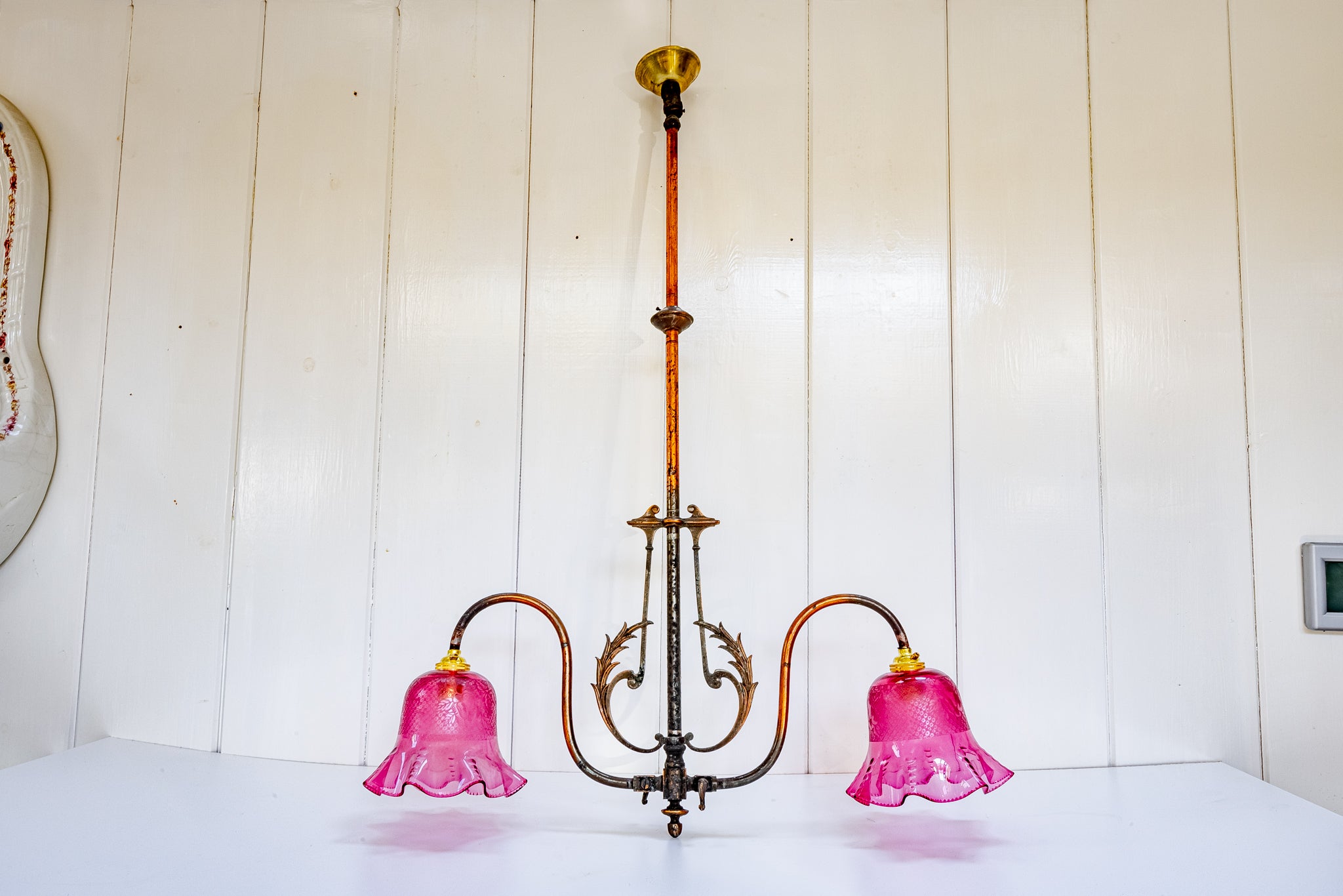 edwardian 2-arm over table gas lamp with antique cranberry shades c.1905