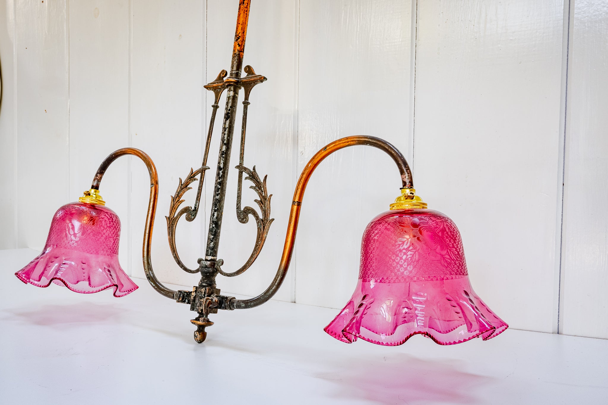 edwardian 2-arm over table gas lamp with antique cranberry shades c.1905