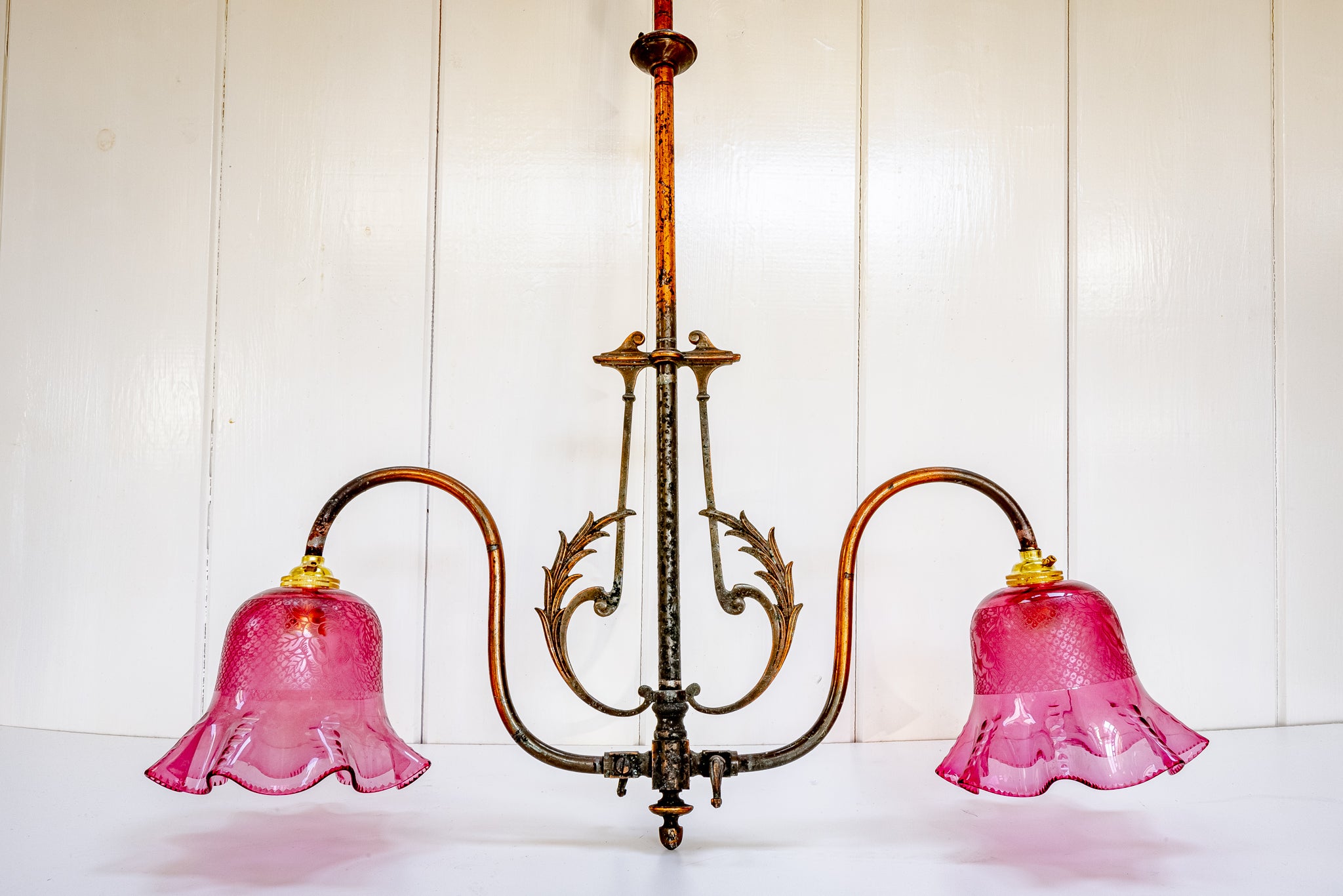 edwardian 2-arm over table gas lamp with antique cranberry shades c.1905