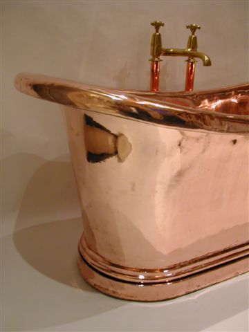 french copper bateau bath with full roll edge and extra plinth c.19th