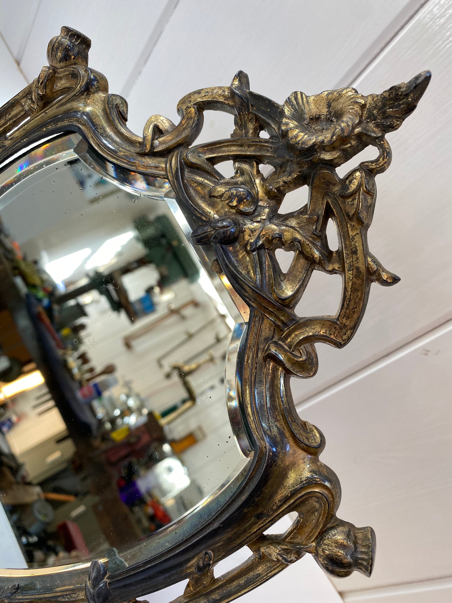 Art Nouveau Dressing Table Mirror with Poppies C.1905 in Lacquered Cast Brass