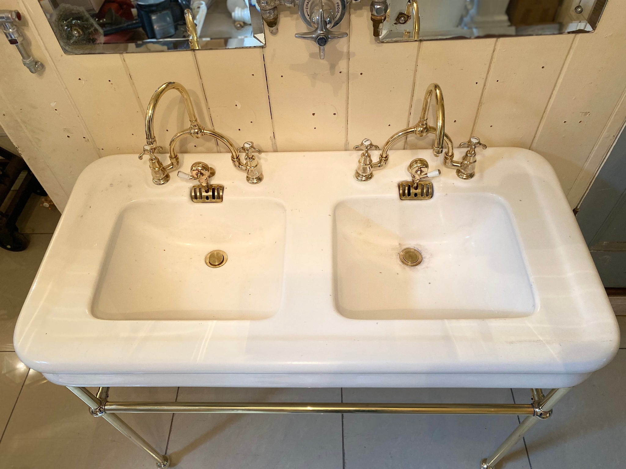 vintage french double basin on a brass stand c.1930