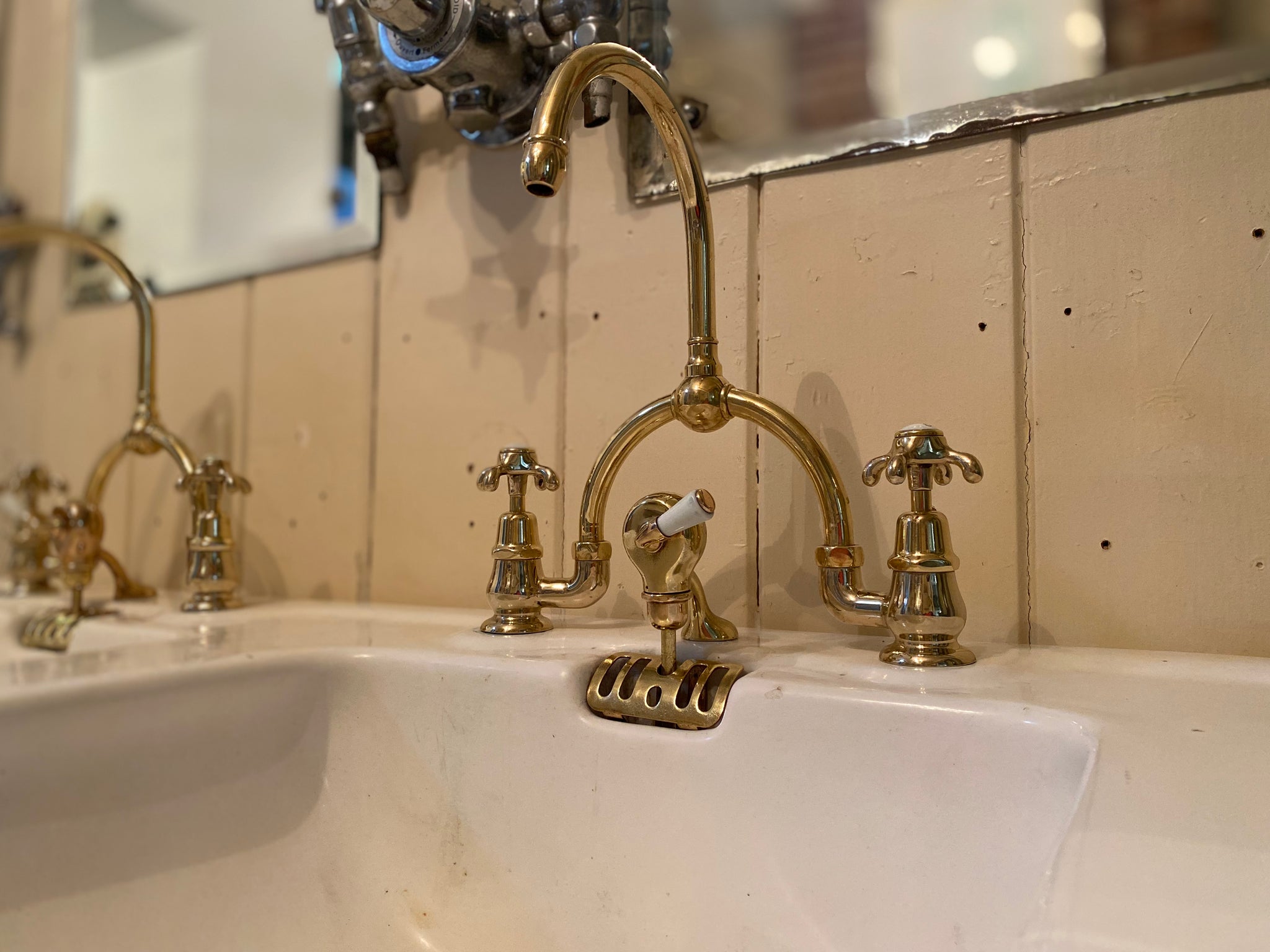 vintage french double basin on a brass stand c.1930