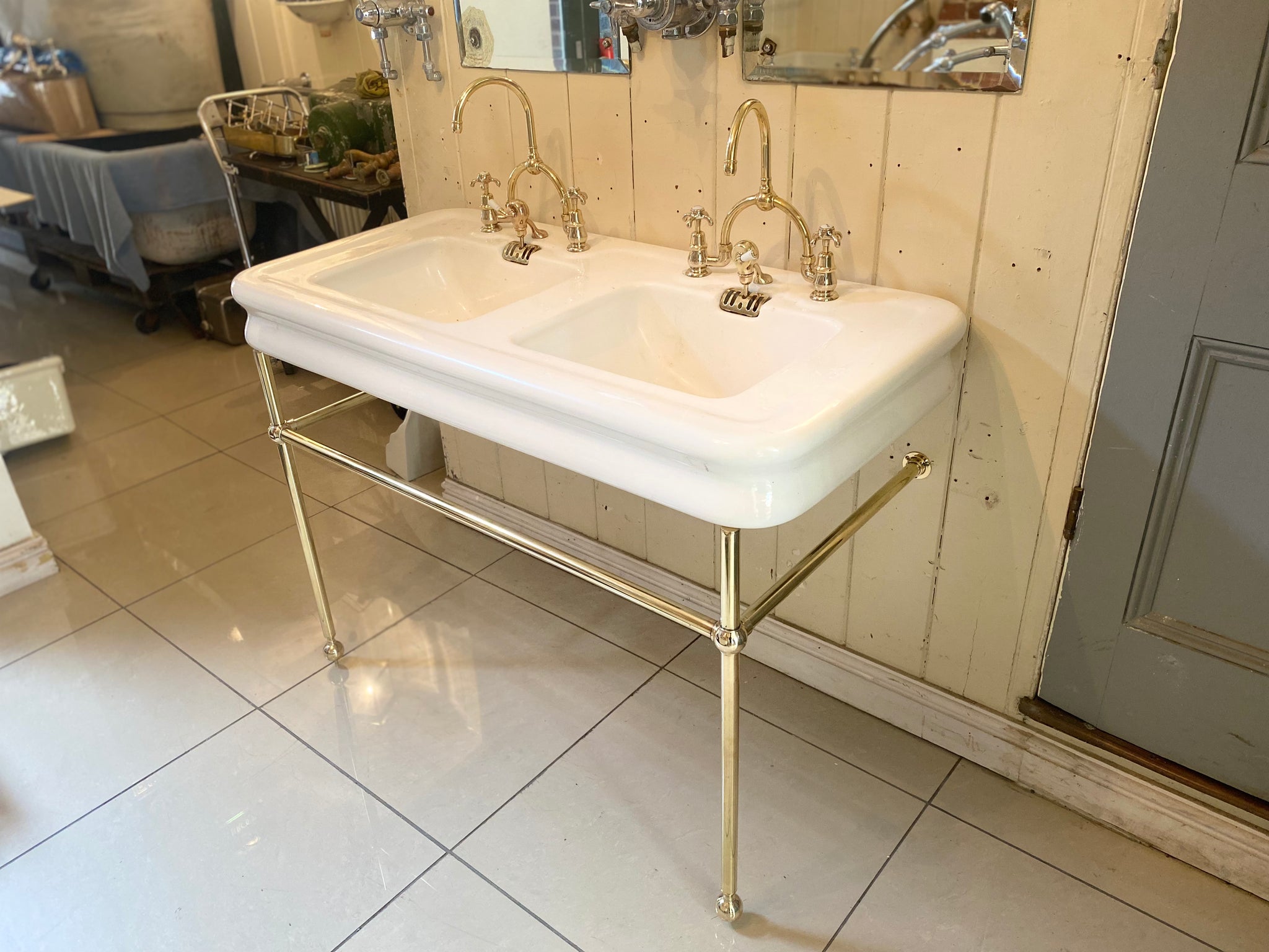 vintage french double basin on a brass stand c.1930