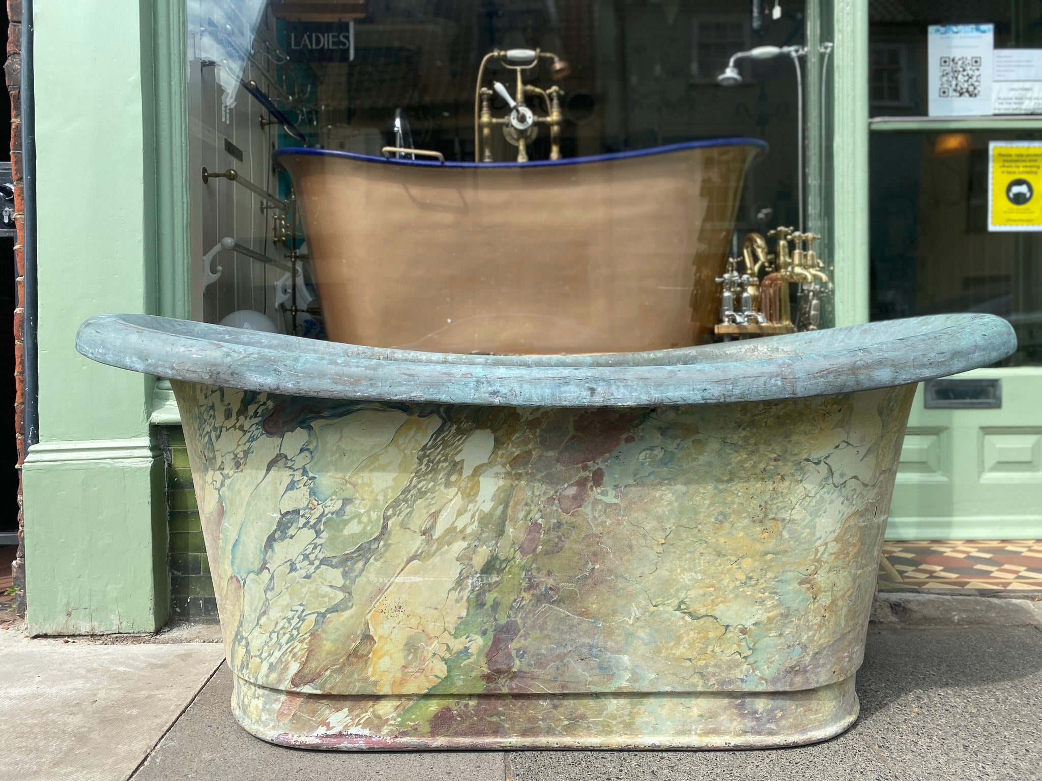 french antique copper bateau bath c.19th with original painted marble effect exterior