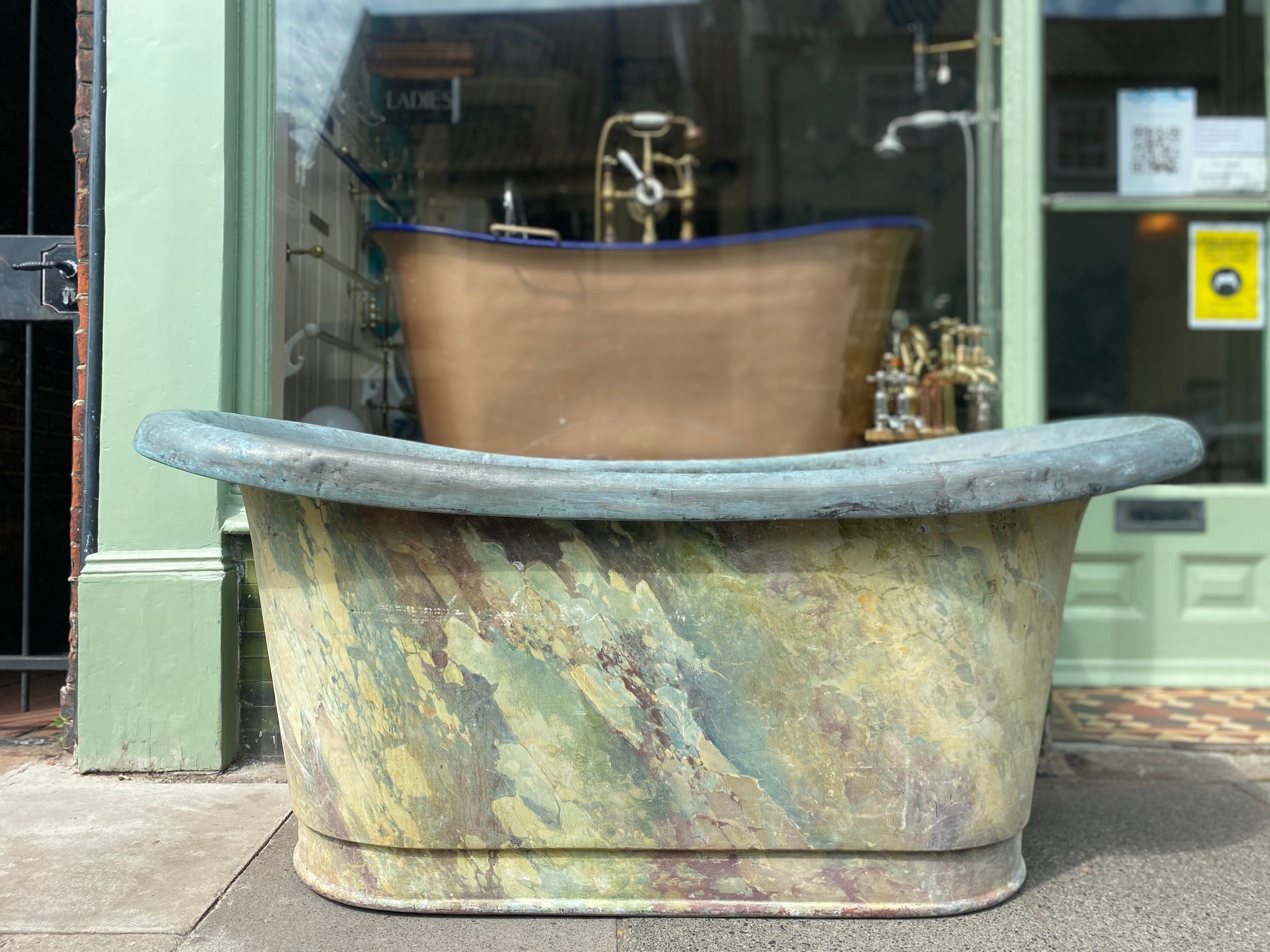 french antique copper bateau bath c.19th with original painted marble effect exterior
