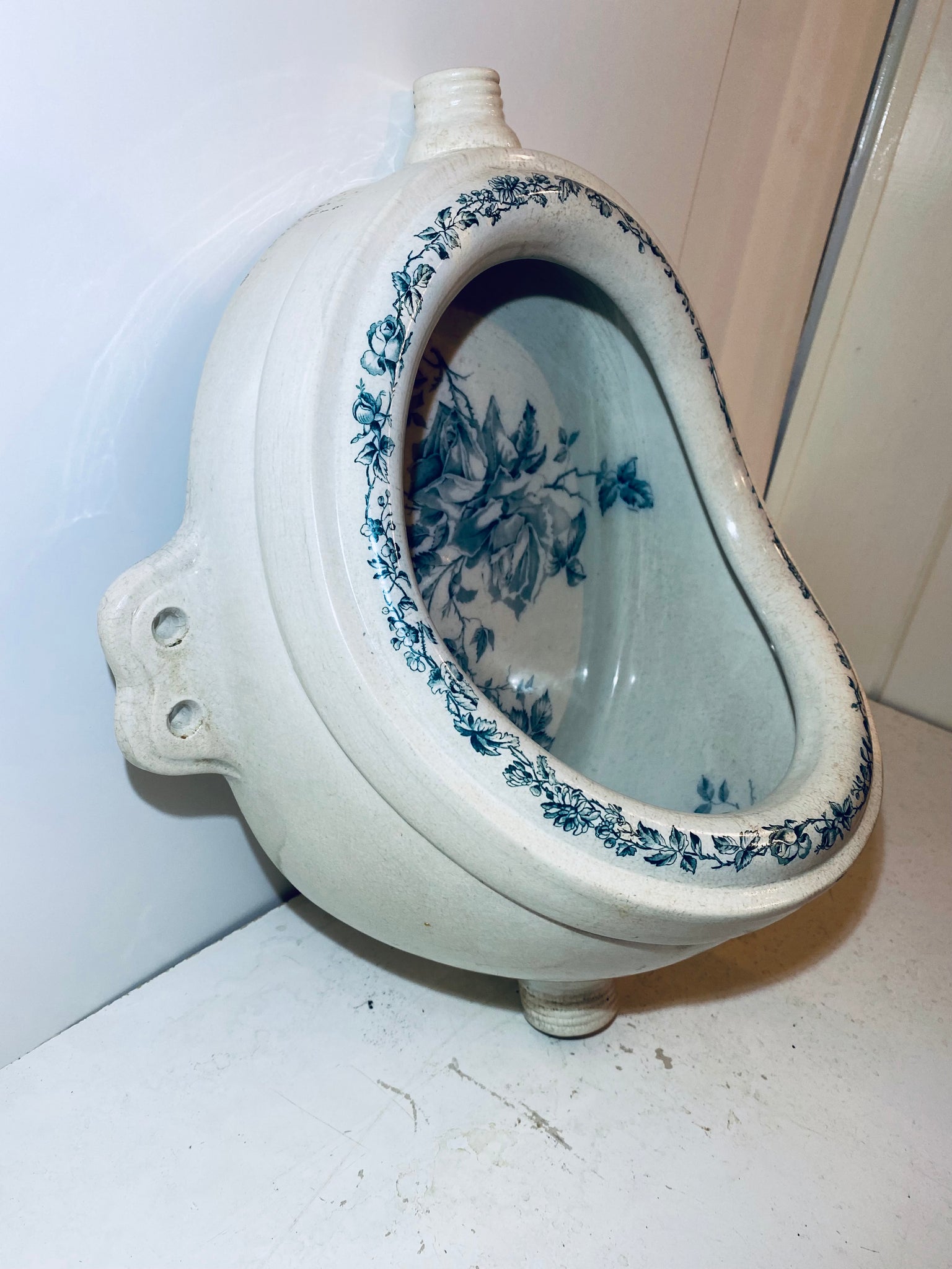 victorian urinal with blue transfers of roses c.1890