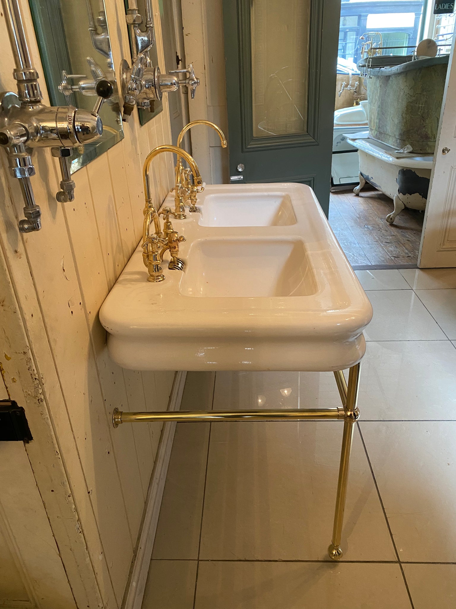 vintage french double basin on a brass stand c.1930