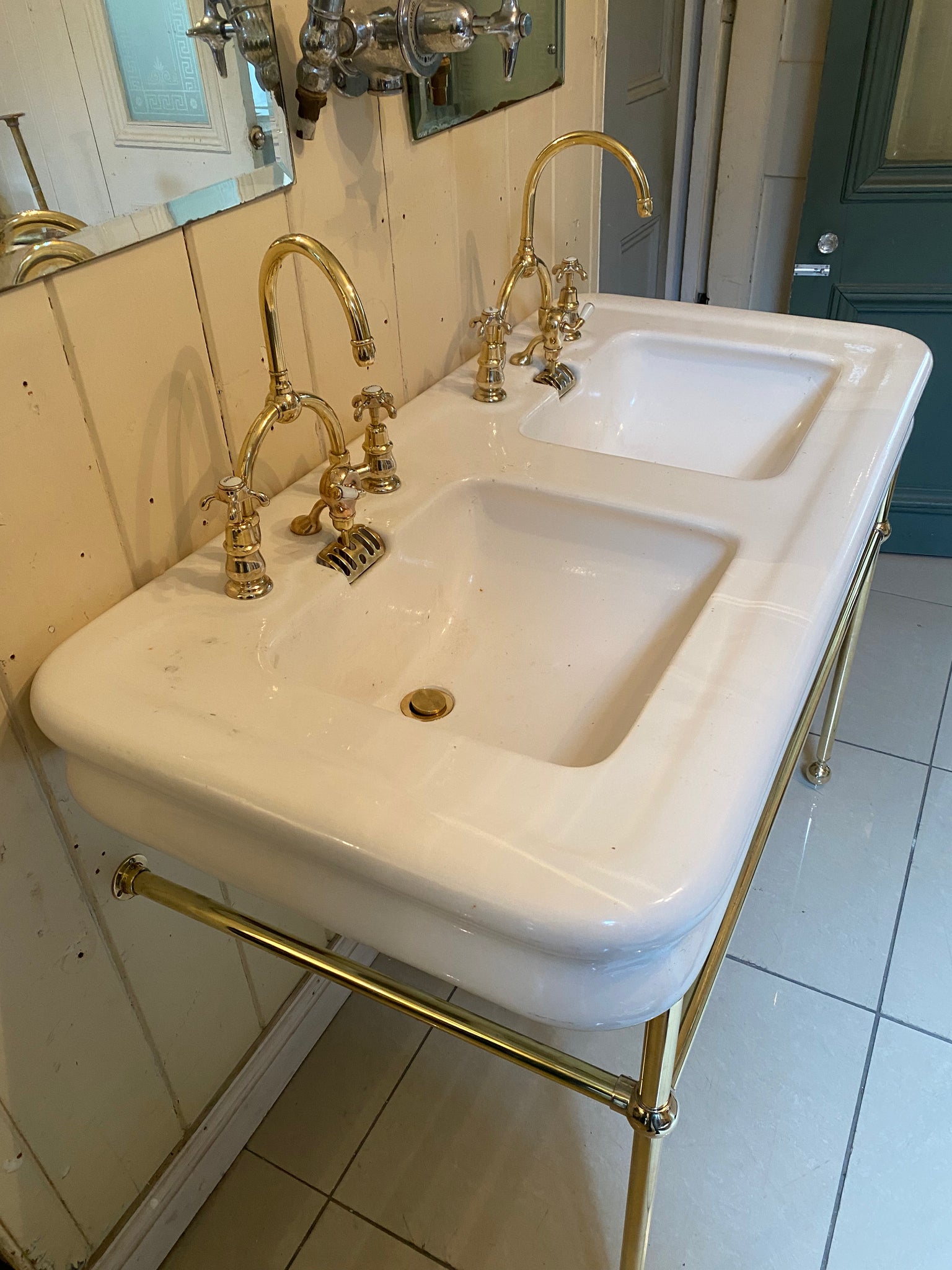 vintage french double basin on a brass stand c.1930