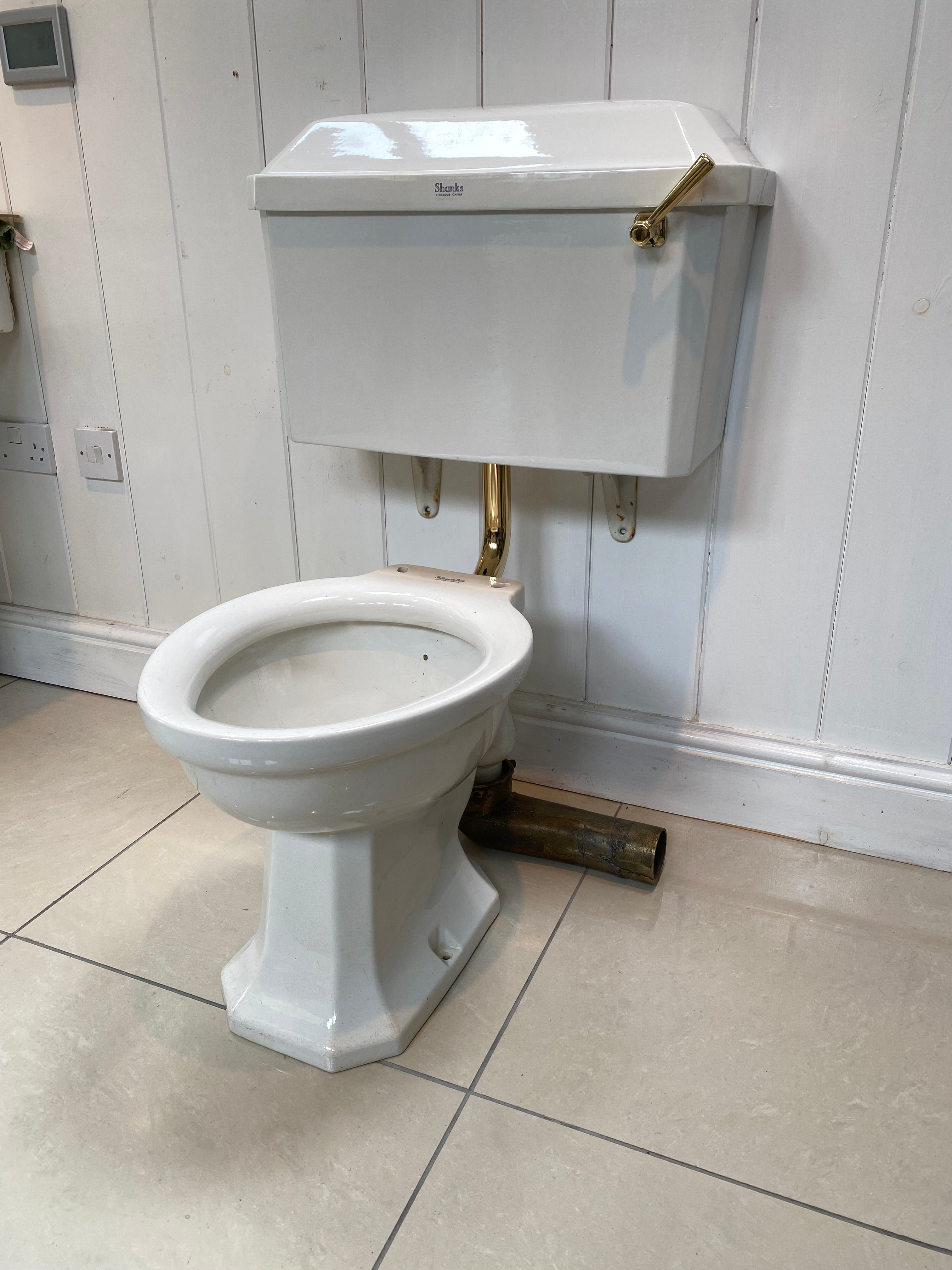 art deco shanks wc set c.1930 including brass flush handle and brass low level flush pipe