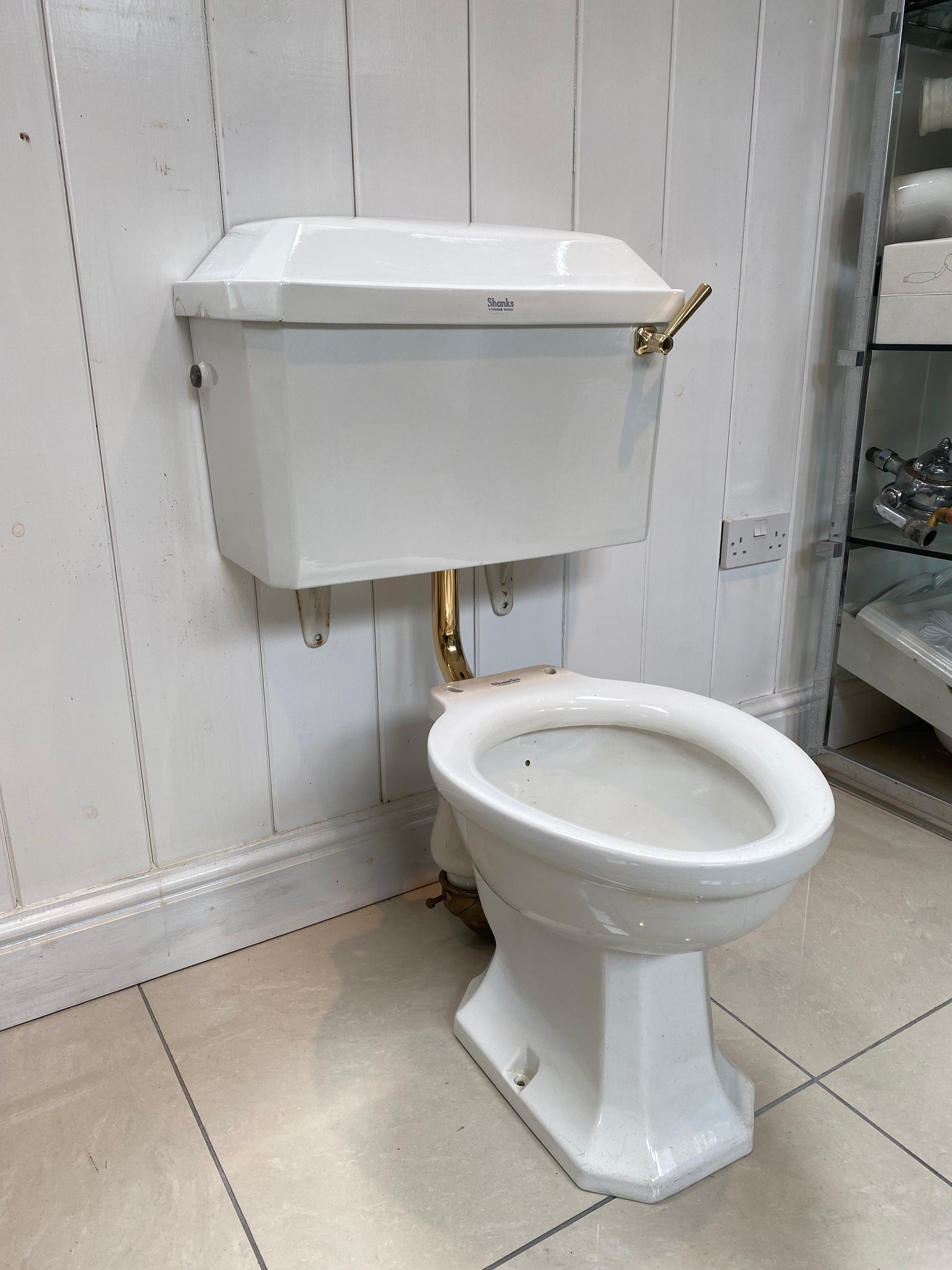 art deco shanks wc set c.1930 including brass flush handle and brass low level flush pipe