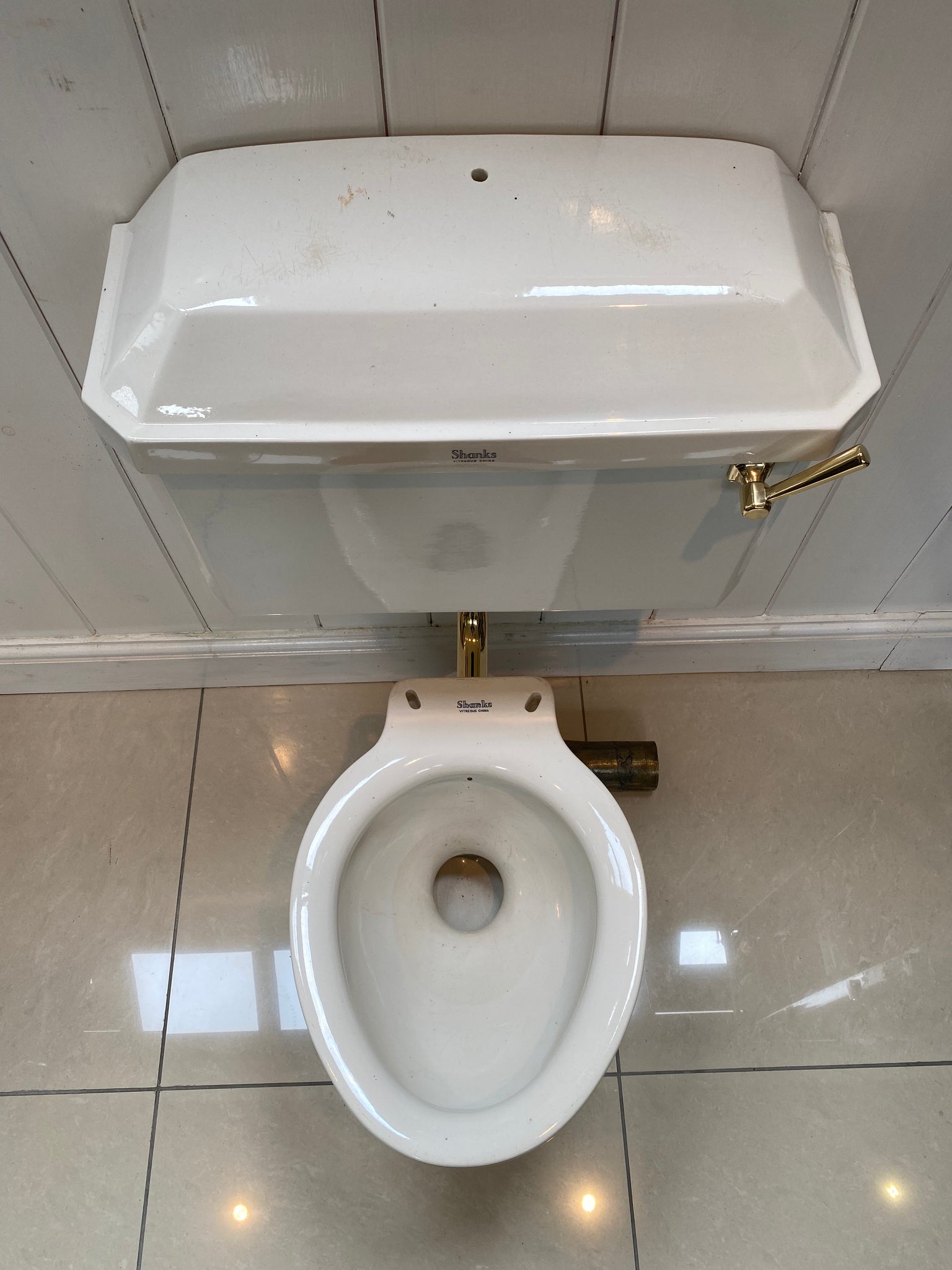 art deco shanks wc set c.1930 including brass flush handle and brass low level flush pipe