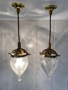 a pair of cut crystal pineapple lampshades c.1910 with original antique brass galleries