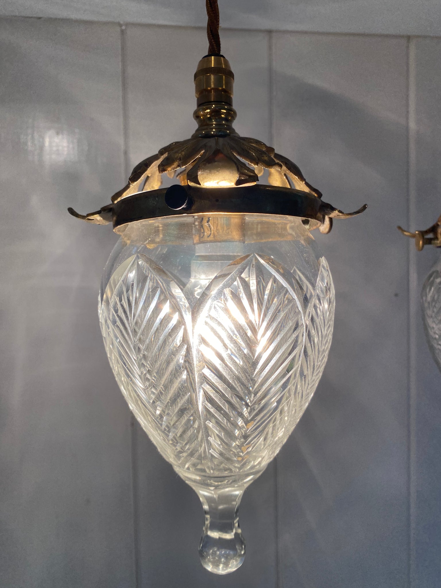 a pair of cut crystal pineapple lampshades c.1910 with original antique brass galleries